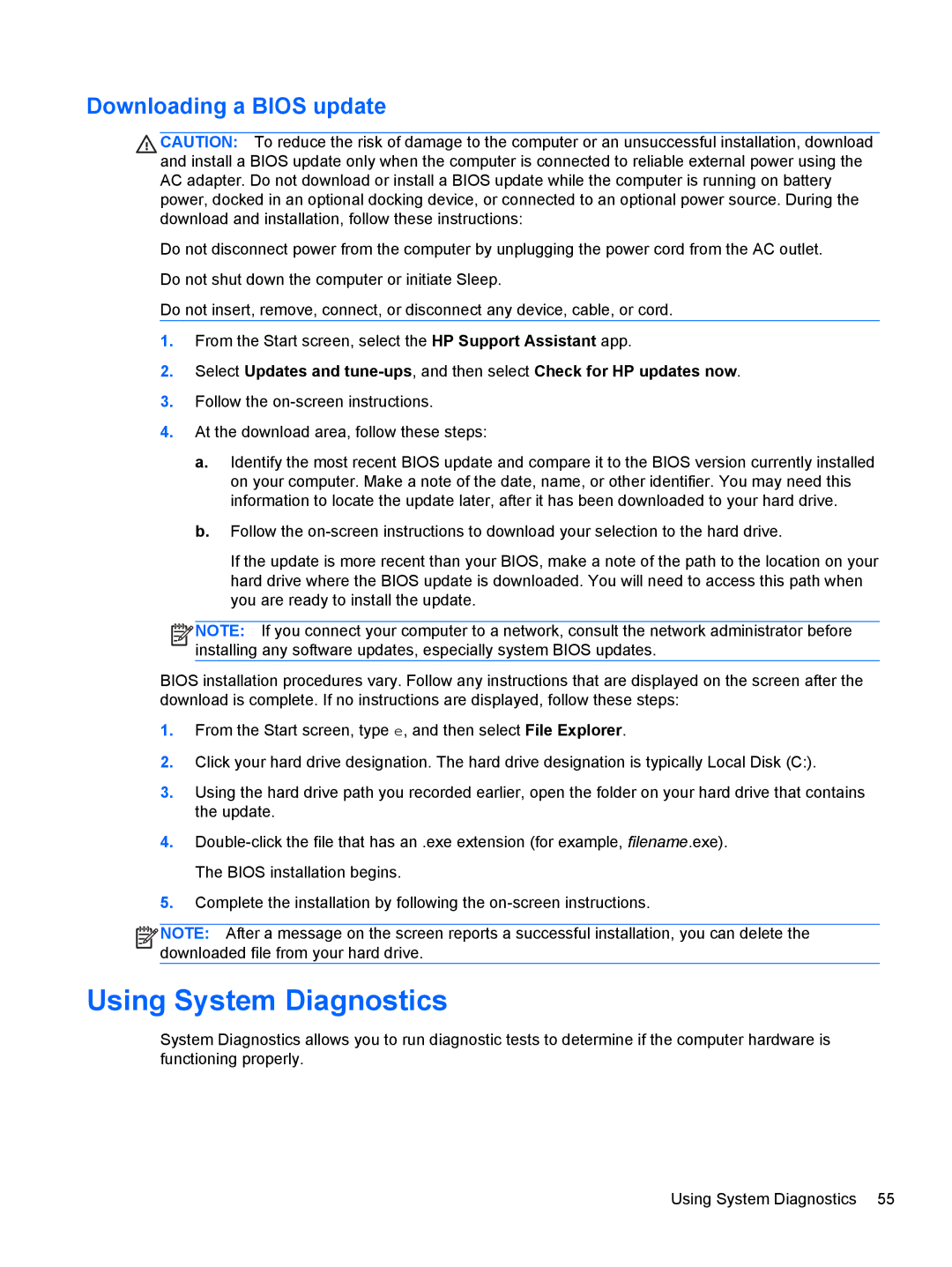 HP 15.6-Inch C2N46UA#ABA manual Using System Diagnostics, Downloading a Bios update 