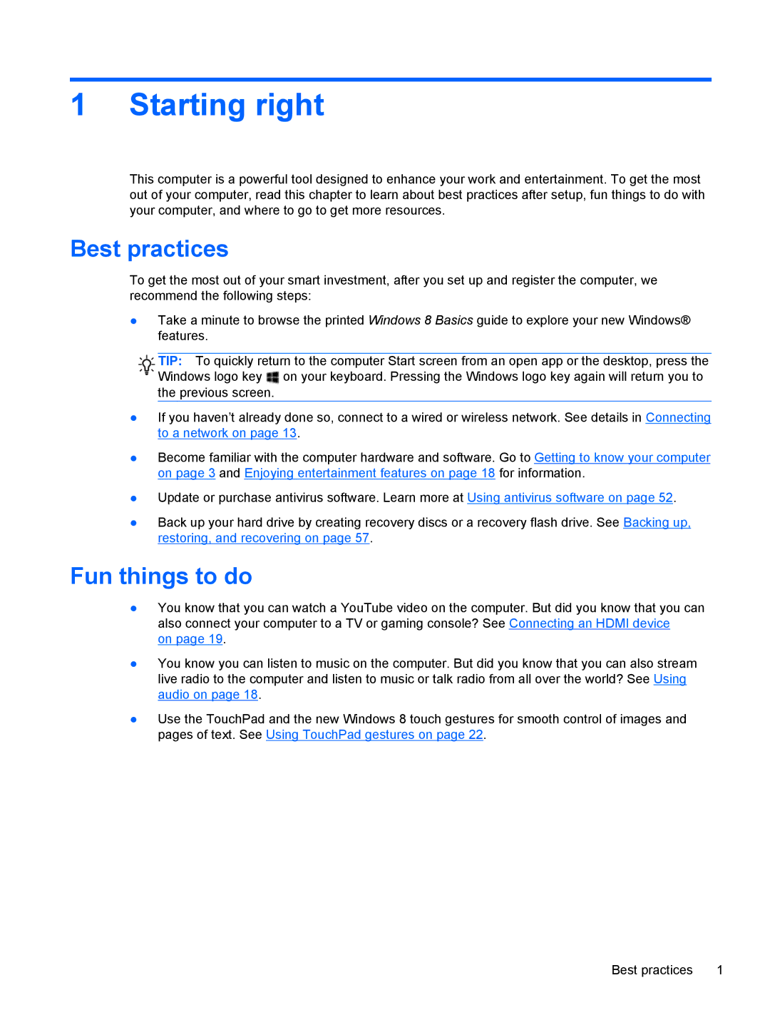 HP 15.6-Inch C2N46UA#ABA manual Starting right, Best practices, Fun things to do 