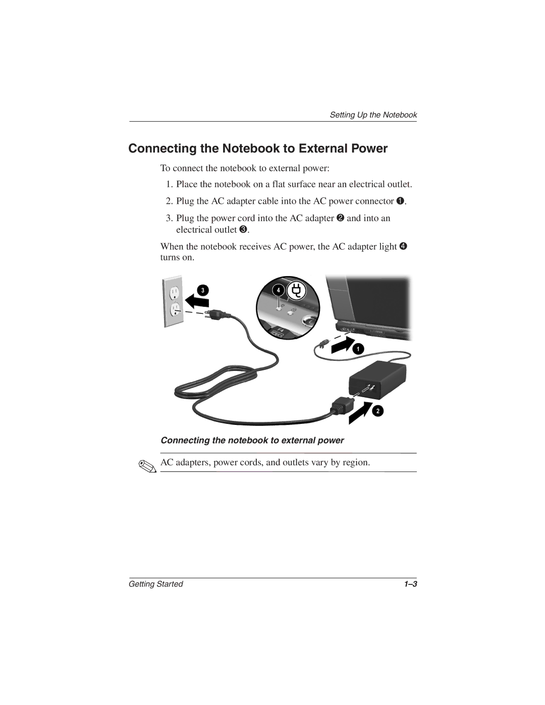 HP 1516EA, 1565AP, 1545AP, 1540AP, 1555AP, 1550AP, 1535AP, 1527EA, 1525CA, 1522EA, 1516US Connecting the Notebook to External Power 