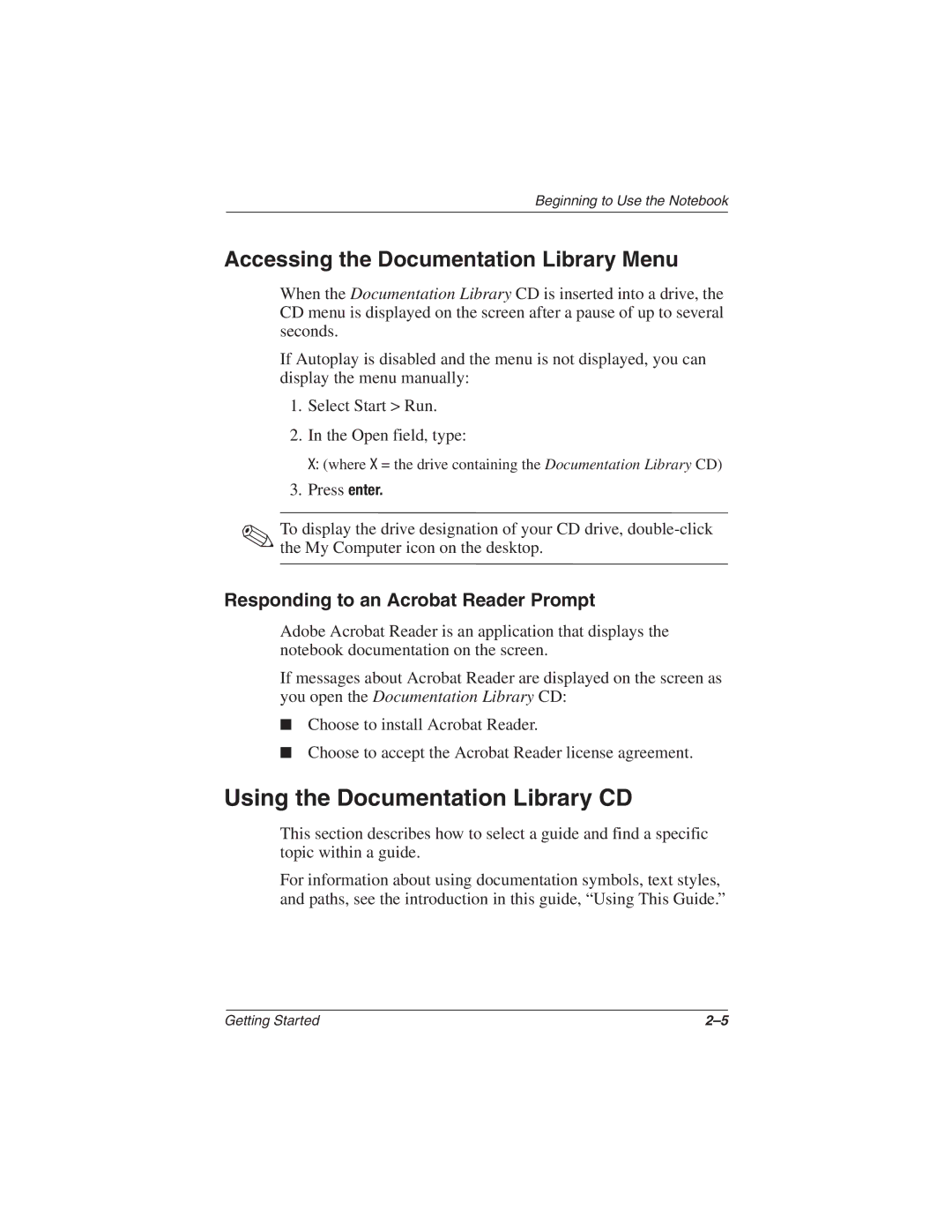 HP 1516US, 1565AP, 1545AP, 1540AP, 1555AP Accessing the Documentation Library Menu, Responding to an Acrobat Reader Prompt 