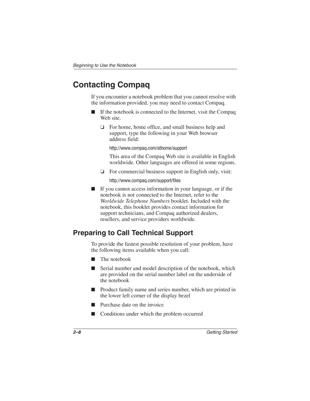 HP 1545AP, 1565AP, 1540AP, 1555AP, 1550AP, 1535AP, 1527EA, 1525CA, 1522EA Contacting Compaq, Preparing to Call Technical Support 