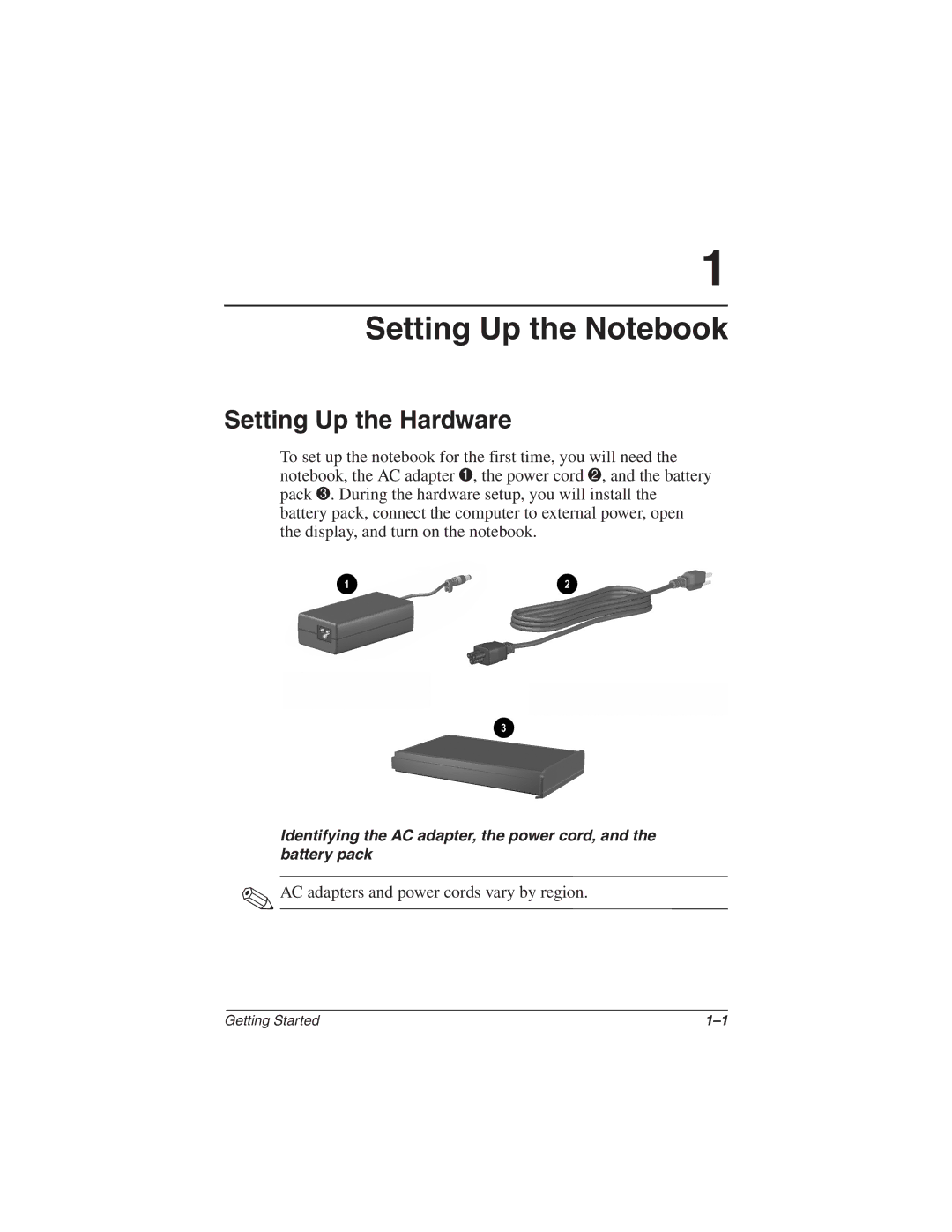 HP 1522EA, 1565AP, 1545AP, 1540AP, 1555AP, 1550AP, 1535AP, 1527EA, 1525CA, 1516US Setting Up the Notebook, Setting Up the Hardware 