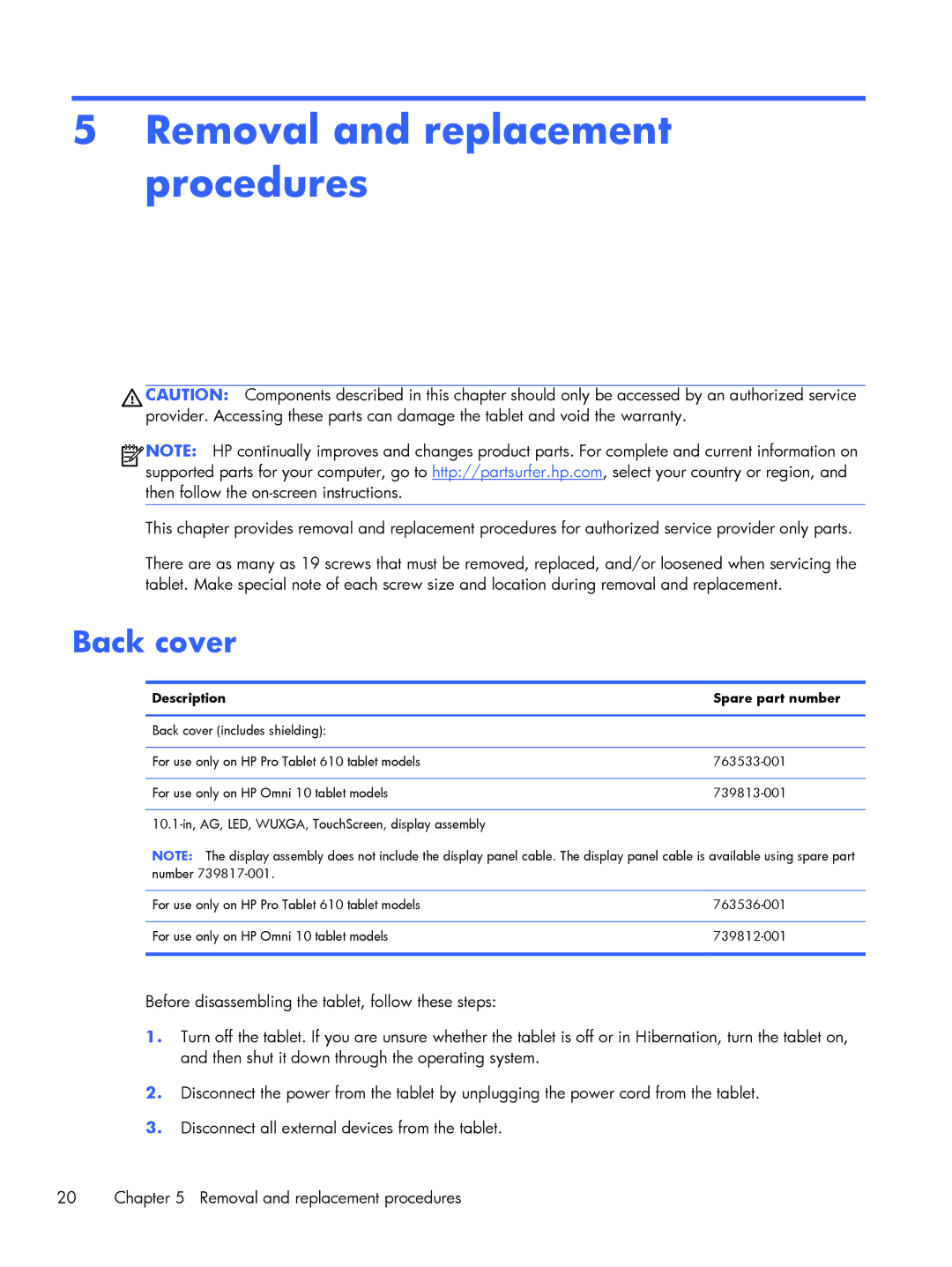 HP 10 5600us, 15c Scientific, 10 5600ca manual Removal and replacement procedures, Back cover, Description Spare part number 