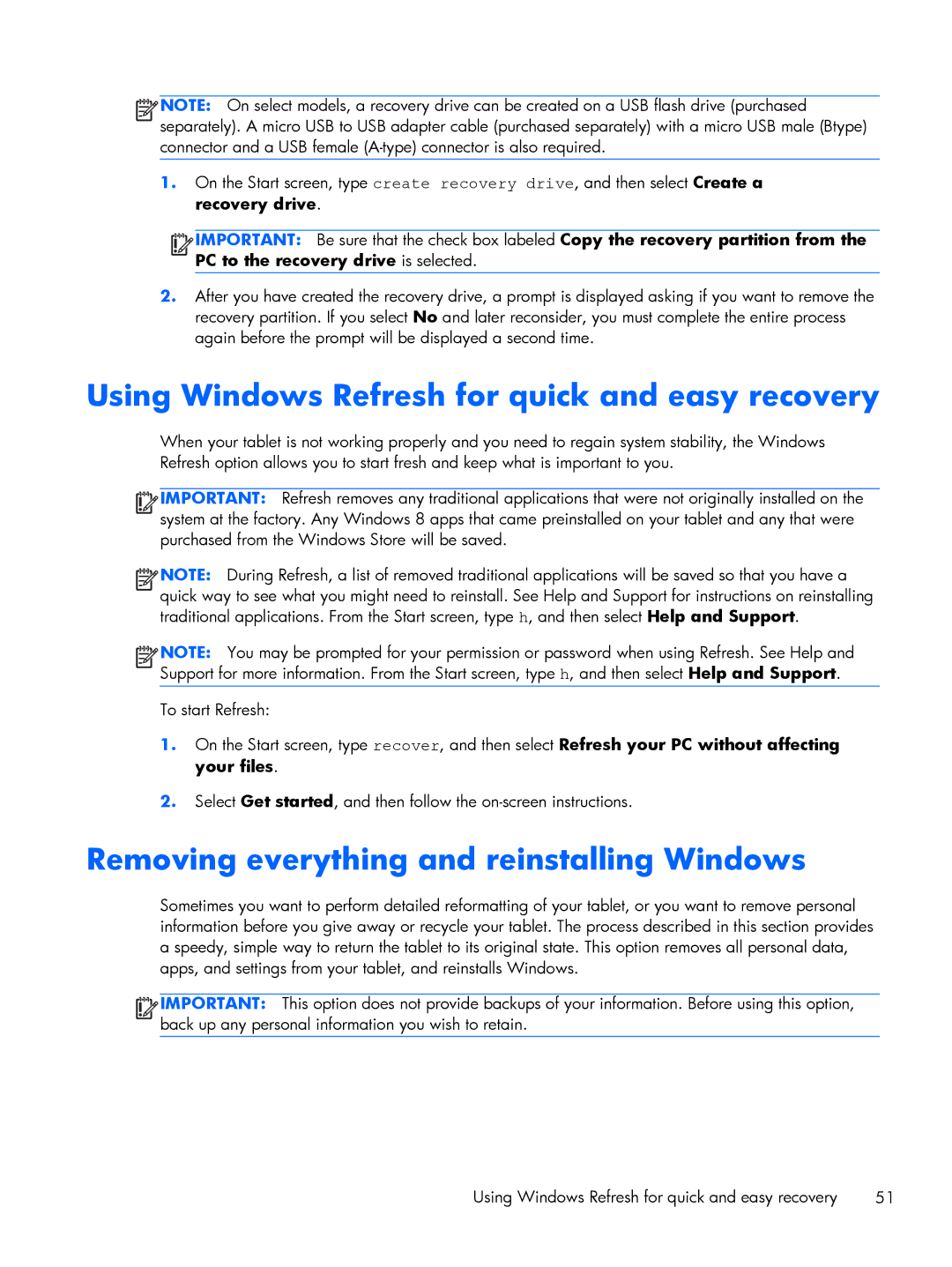 HP 10 5603cl, 10 5600ca Using Windows Refresh for quick and easy recovery, Removing everything and reinstalling Windows 
