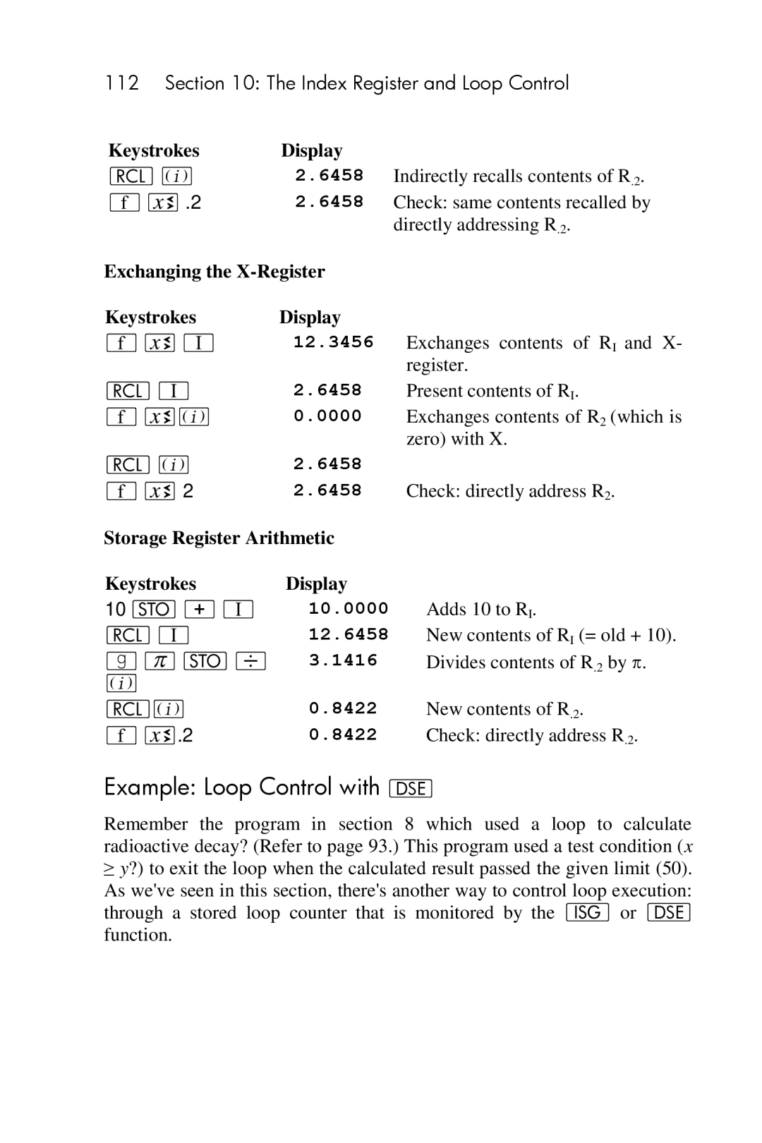 HP 15c Scientific manual Example Loop Control with e, Exchanging the X-Register, Storage Register Arithmetic 