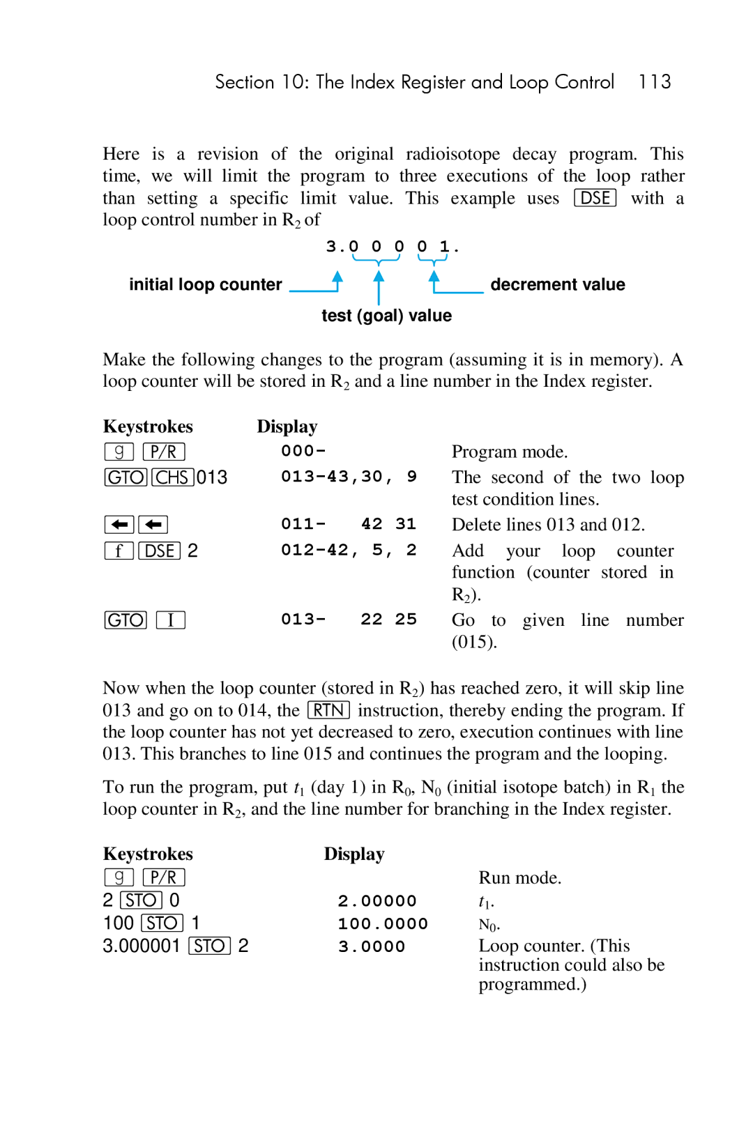 HP 15c Scientific manual Loop control number in R2, 011- 42, 012-42, 5, 013- 22, 00000 