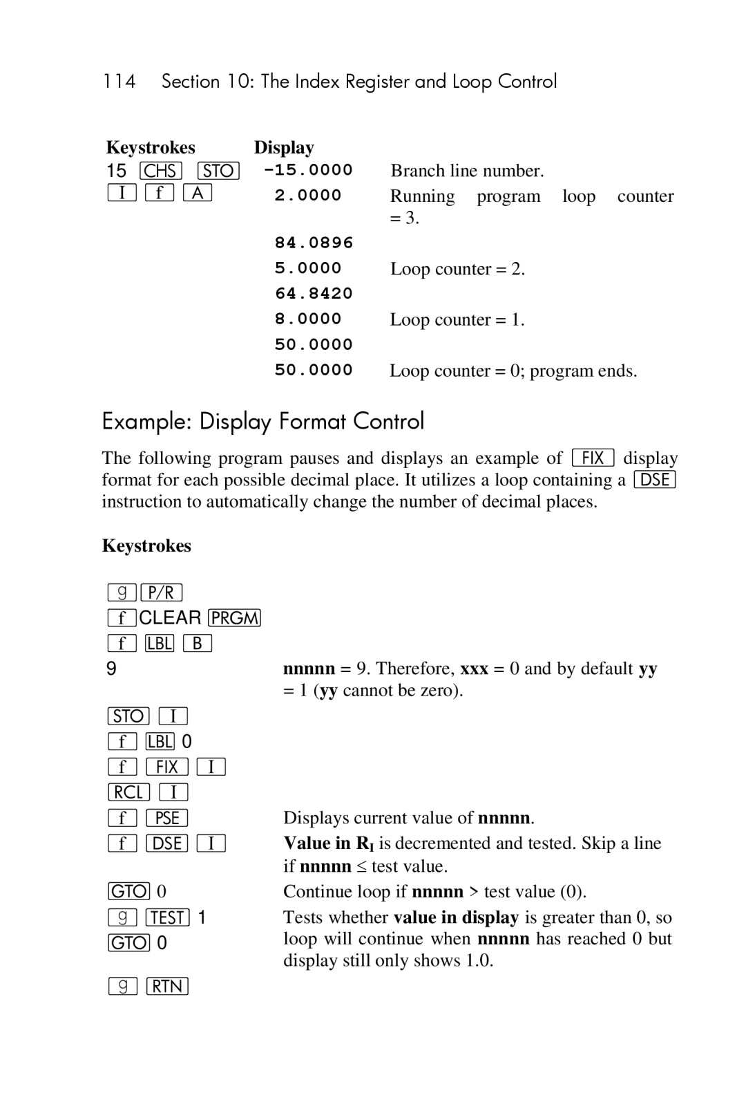 HP 15c Scientific manual Example Display Format Control, 15 O, 64.8420 0000 50.0000 