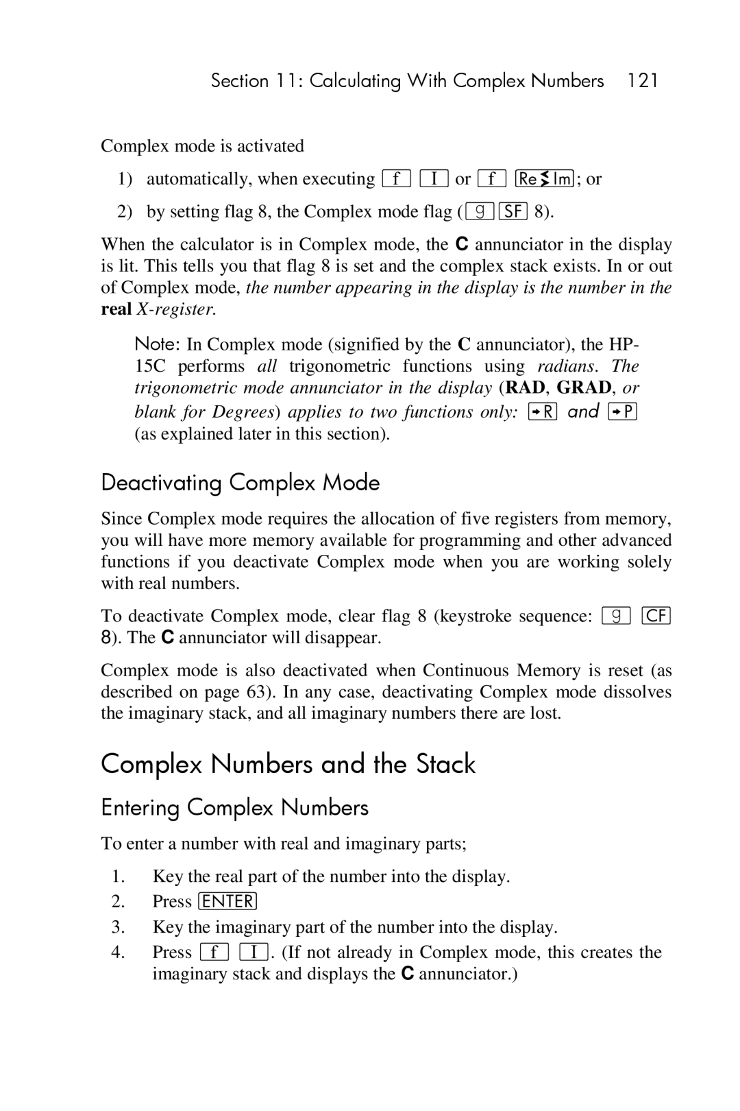 HP 15c Scientific manual Complex Numbers and the Stack, Deactivating Complex Mode, Entering Complex Numbers 