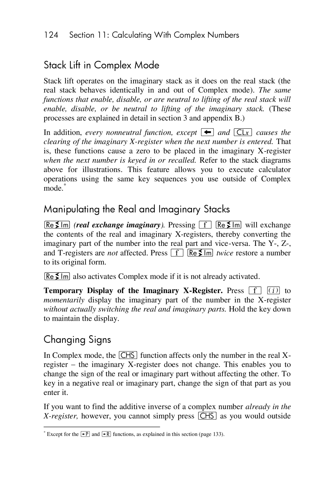 HP 15c Scientific manual Stack Lift in Complex Mode, Manipulating the Real and Imaginary Stacks 