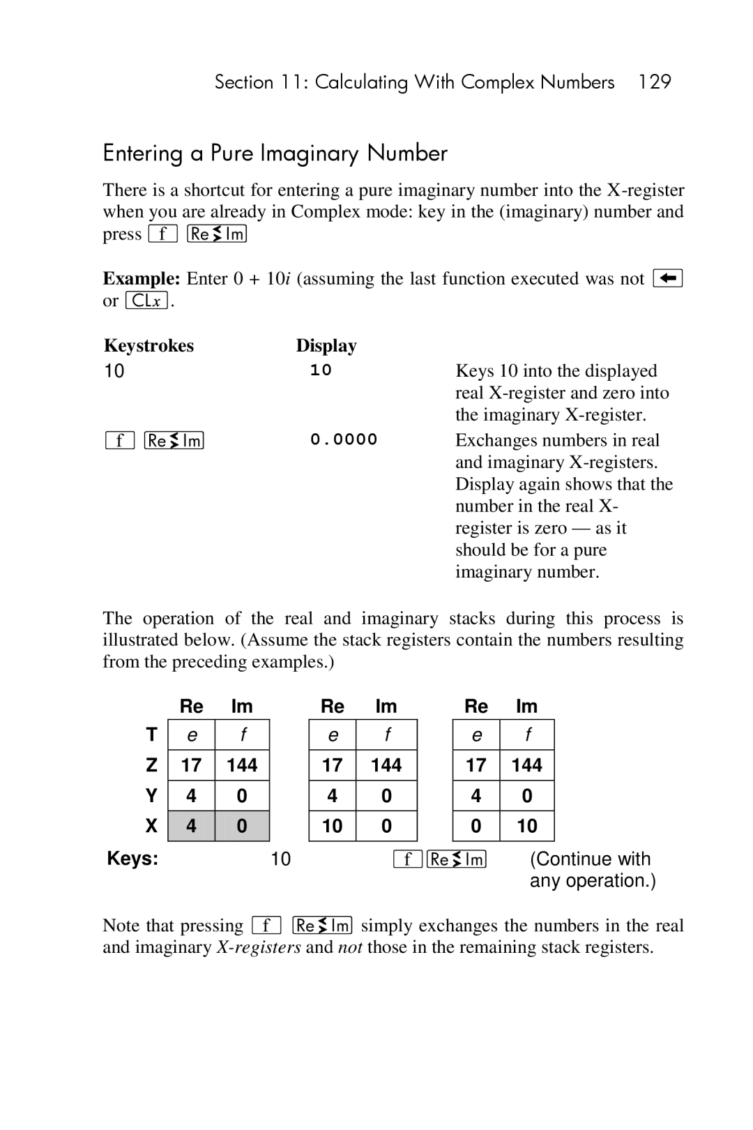 HP 15c Scientific manual Entering a Pure Imaginary Number, ´ Continue with any operation 