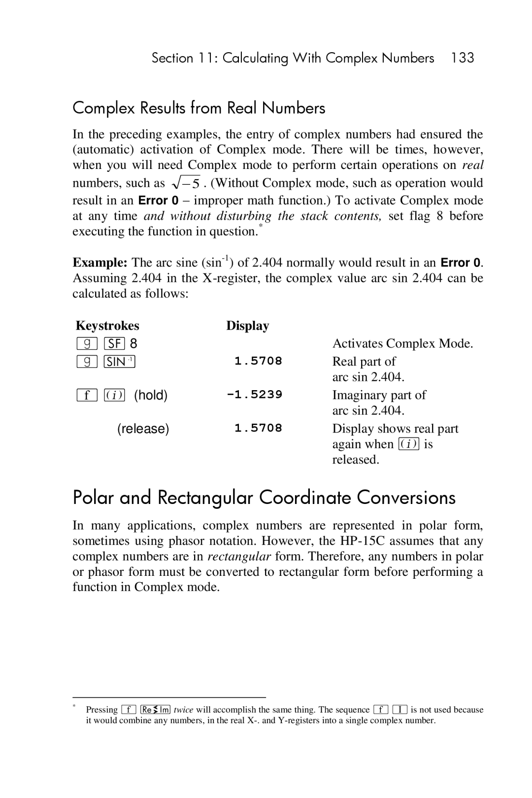 HP 15c Scientific manual Polar and Rectangular Coordinate Conversions, Complex Results from Real Numbers, 5708 