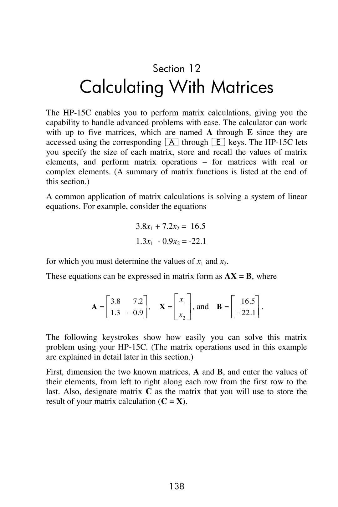 HP 15c Scientific manual Calculating With Matrices, 138 