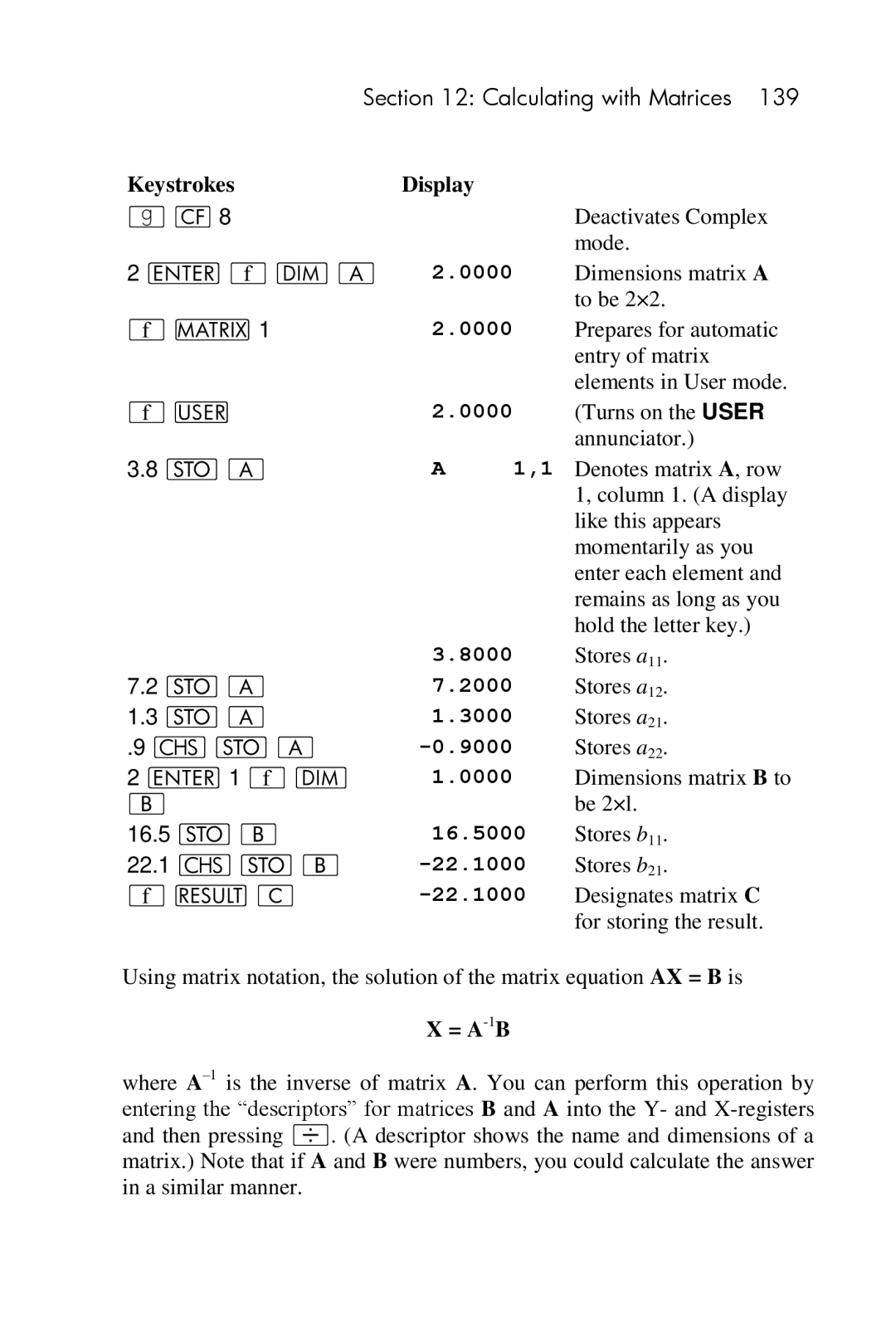 HP 15c Scientific manual Keystrokes Display Deactivates Complex Mode, = A-1B 