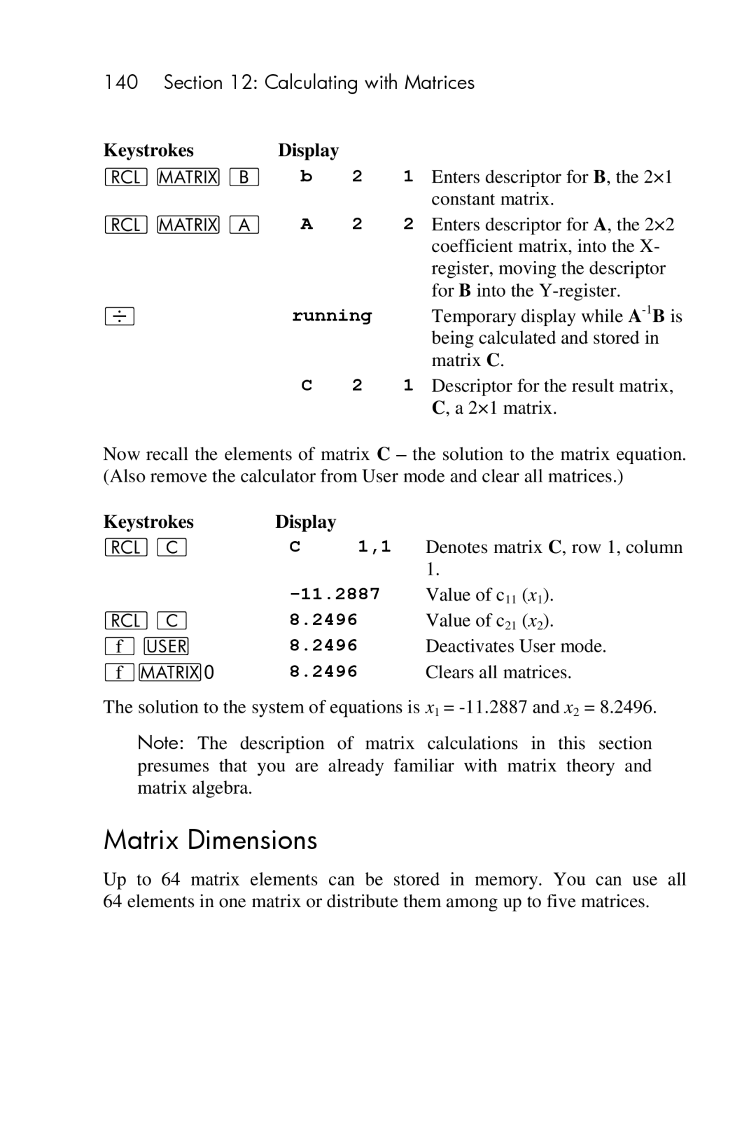 HP 15c Scientific manual Matrix Dimensions, Running, 11.2887, 2496 