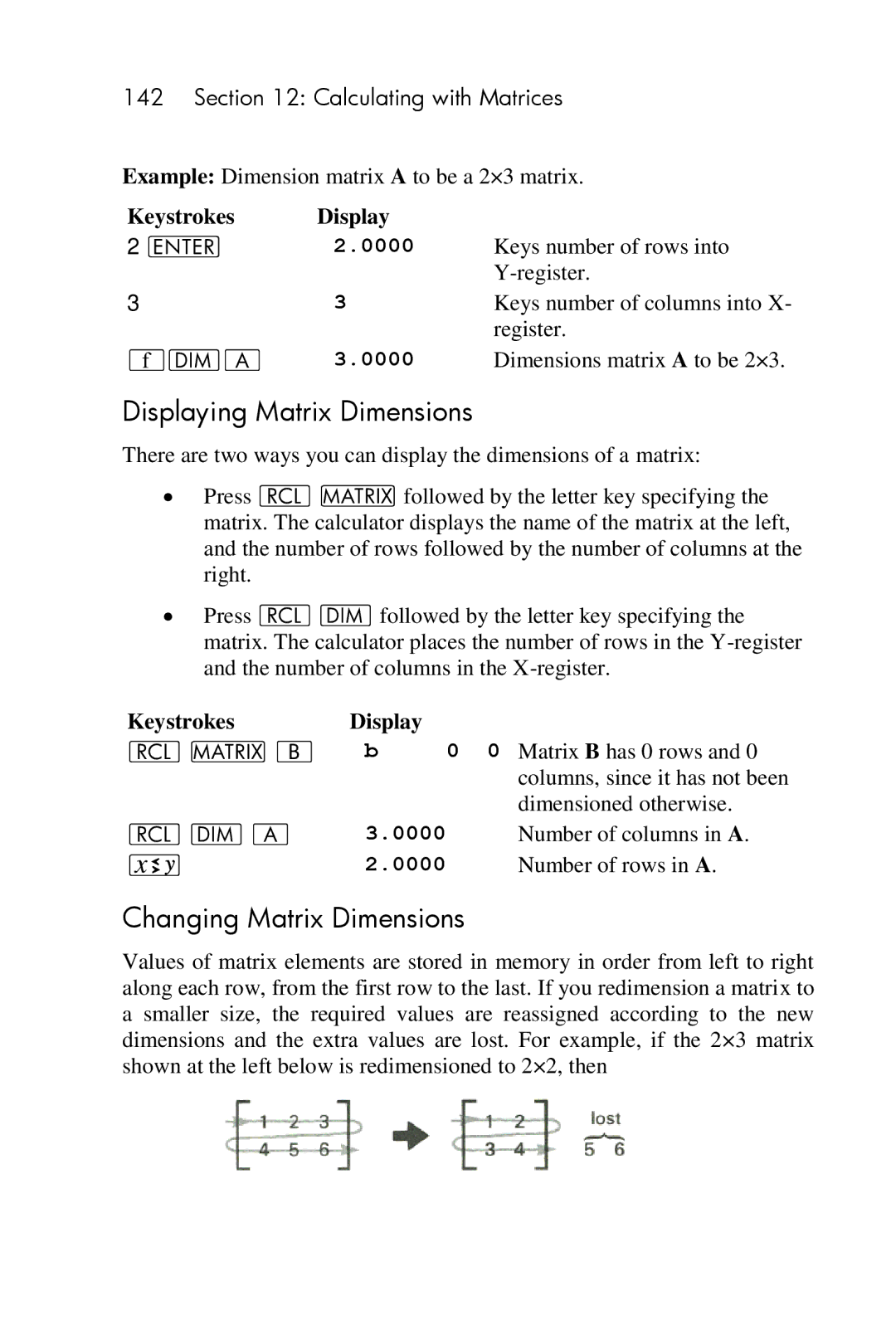 HP 15c Scientific manual Displaying Matrix Dimensions, Changing Matrix Dimensions, ´mA, Keystrokes l B Display 