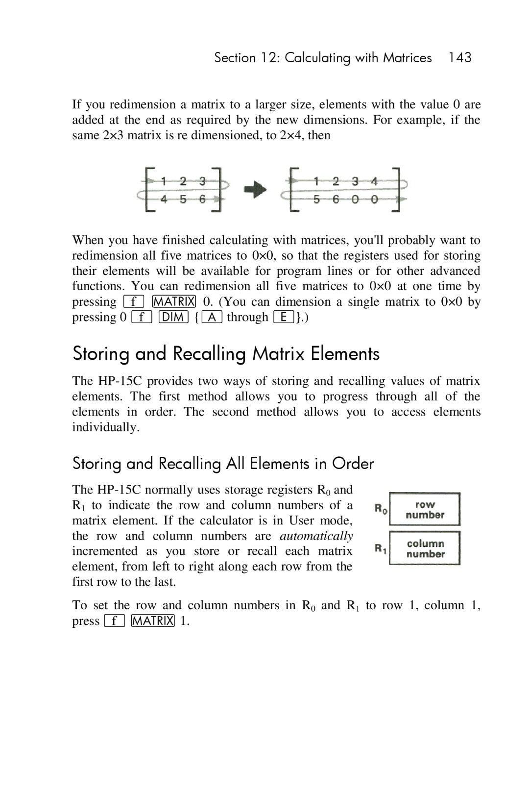 HP 15c Scientific manual Storing and Recalling Matrix Elements, Storing and Recalling All Elements in Order 