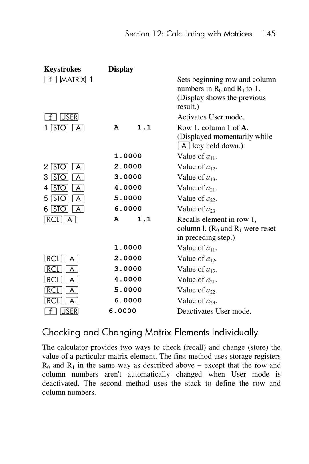 HP 15c Scientific manual Checking and Changing Matrix Elements Individually, Keystrokes Display 