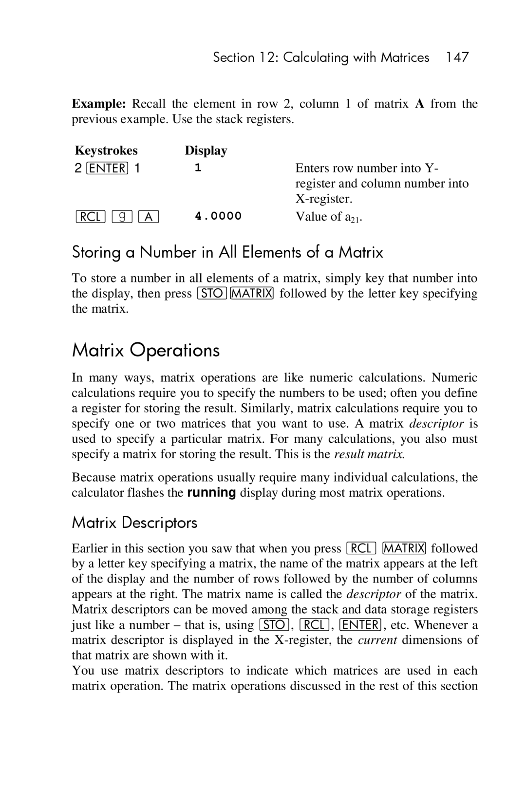 HP 15c Scientific manual Matrix Operations, Storing a Number in All Elements of a Matrix, Matrix Descriptors 