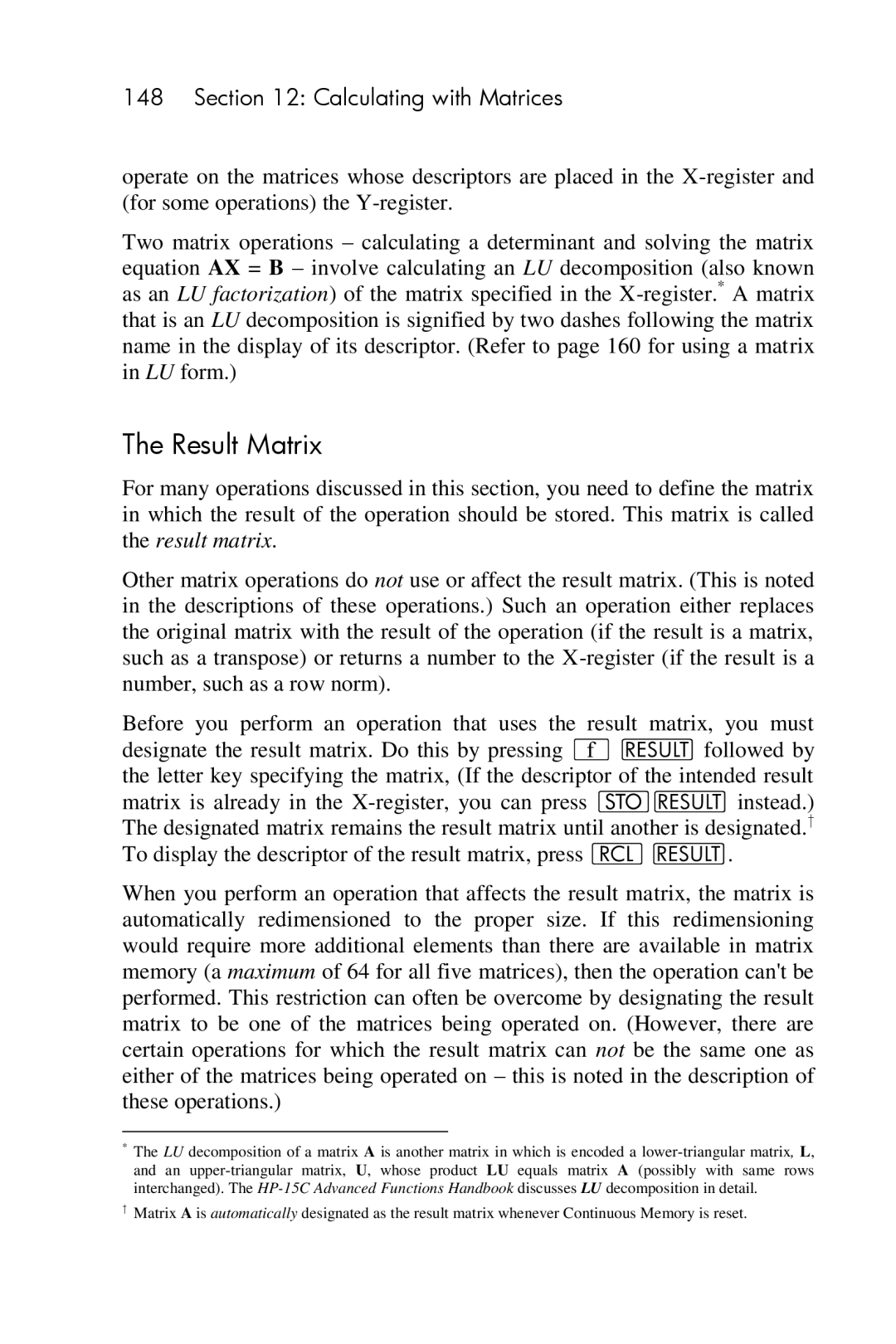 HP 15c Scientific manual Result Matrix 