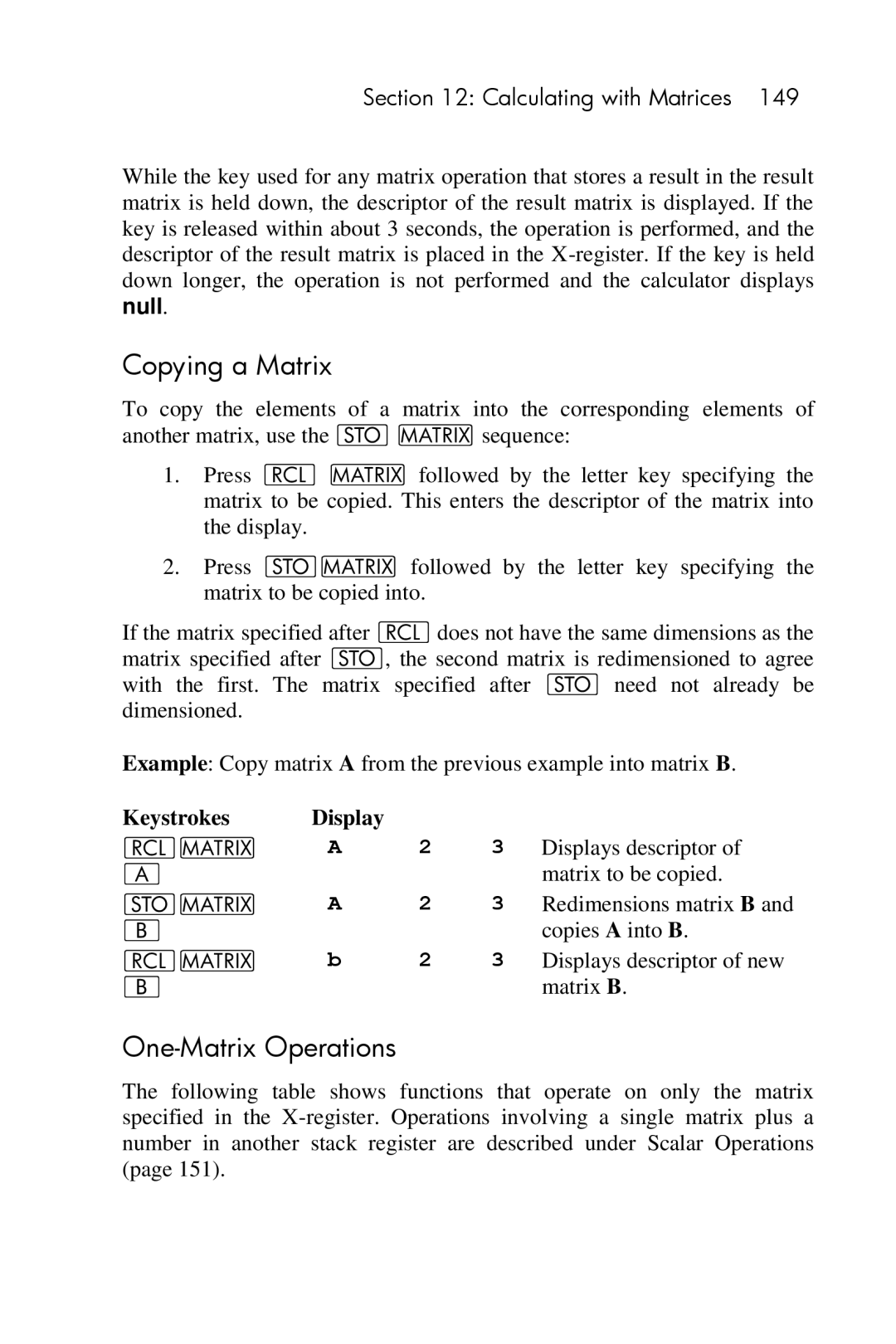 HP 15c Scientific manual Copying a Matrix, One-Matrix Operations 