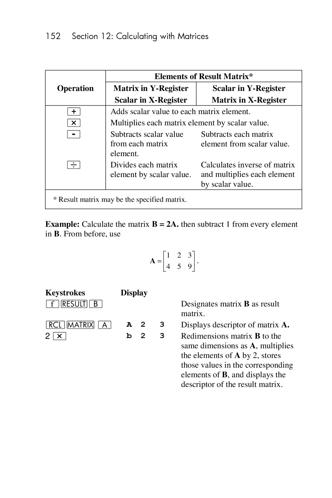 HP 15c Scientific manual Elements of Result Matrix, LA a 