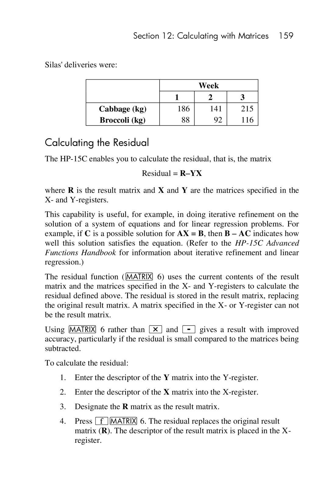 HP 15c Scientific manual Calculating the Residual, Week Cabbage kg 186 141 215 Broccoli kg 116 