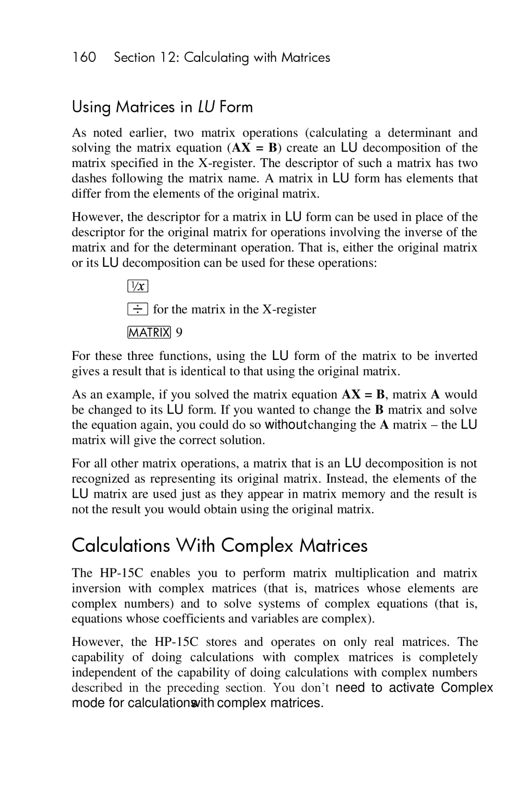 HP 15c Scientific manual Calculations With Complex Matrices, Using Matrices in LU Form 