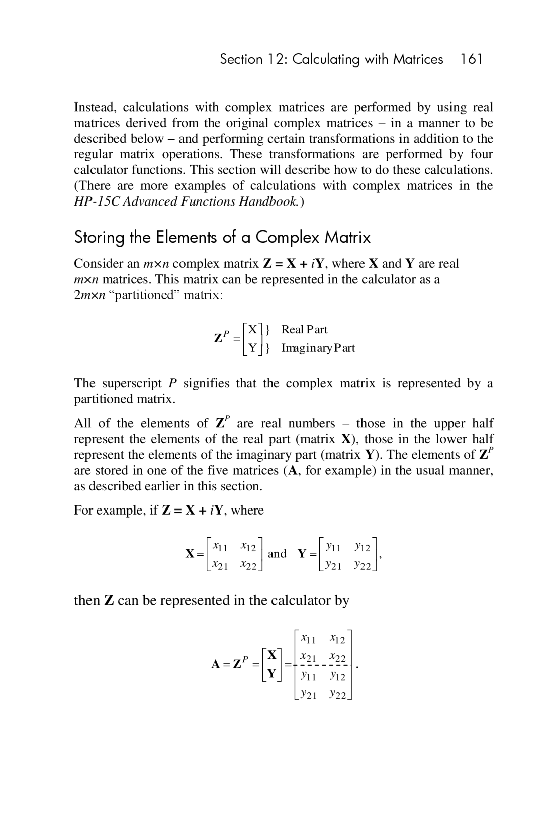 HP 15c Scientific manual Storing the Elements of a Complex Matrix, Then Z can be represented in the calculator by 