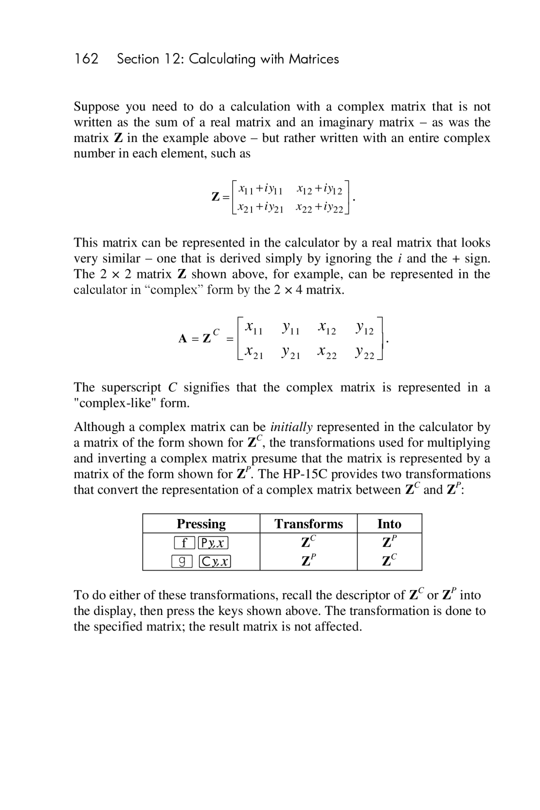 HP 15c Scientific manual Pressing Transforms Into 