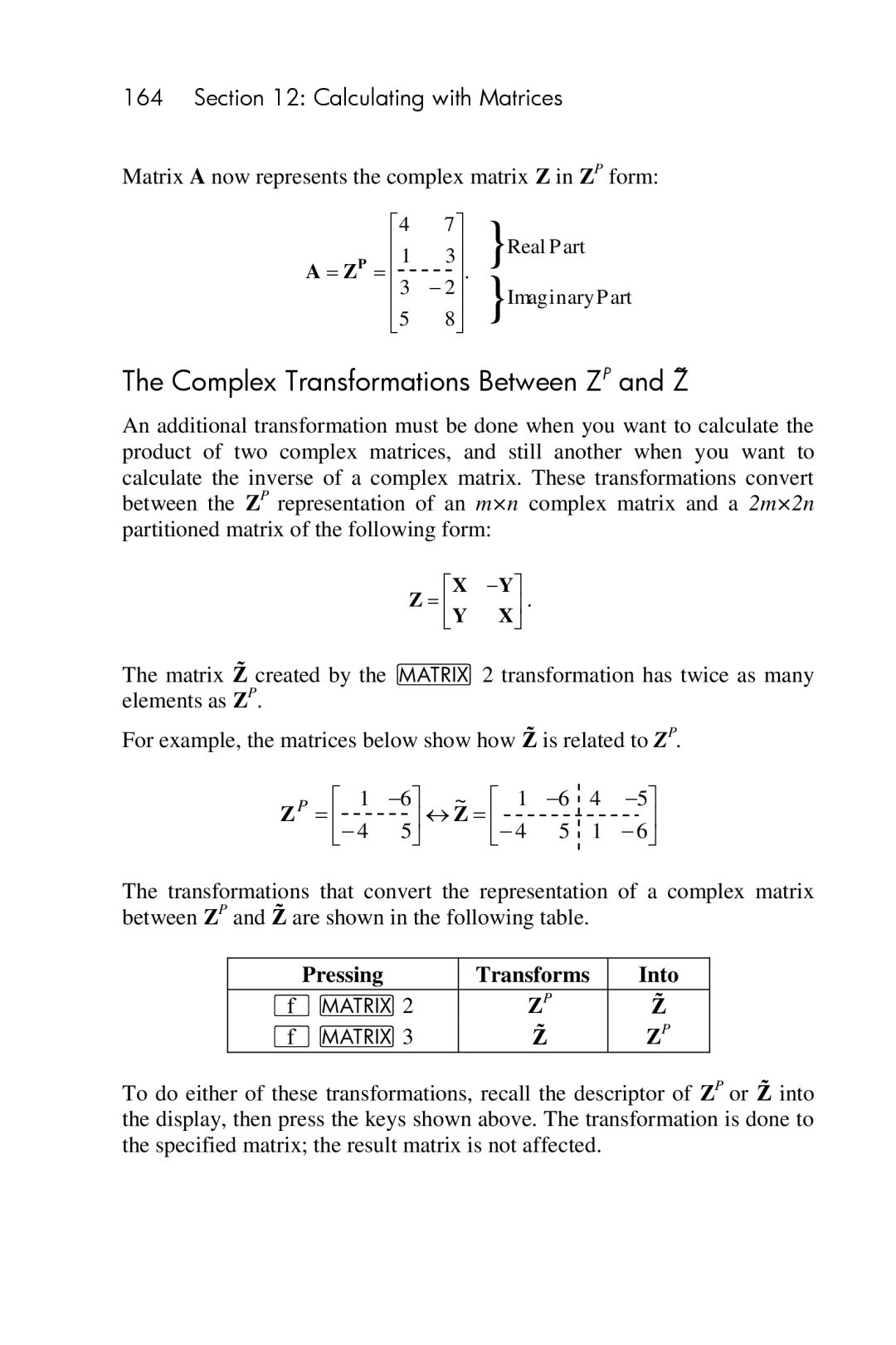 HP 15c Scientific manual Complex Transformations Between ZP and Z 