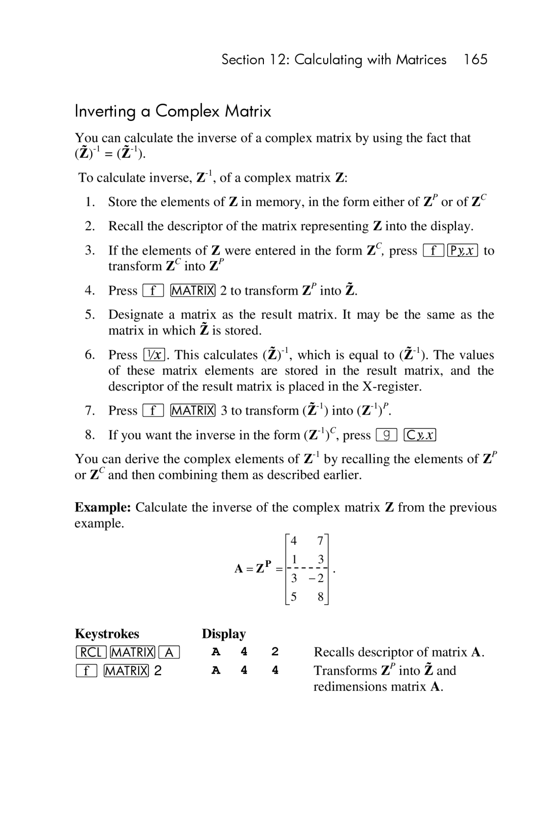 HP 15c Scientific manual Inverting a Complex Matrix 