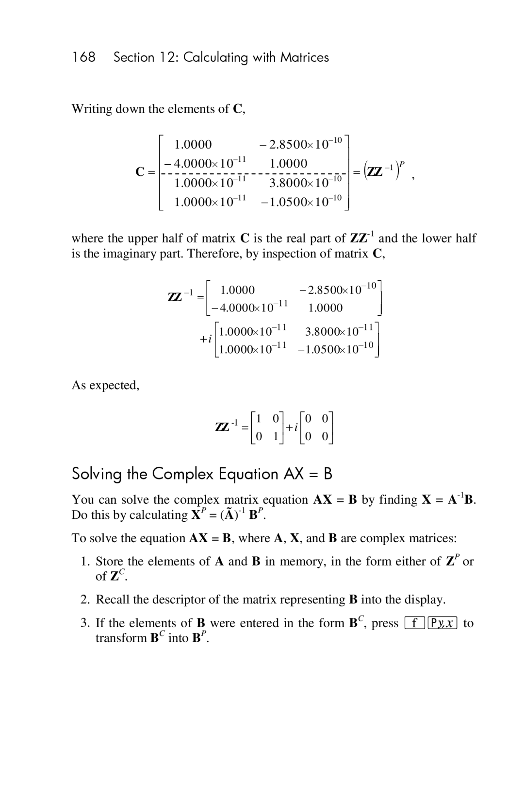 HP 15c Scientific manual Solving the Complex Equation AX = B, ZZ −1 