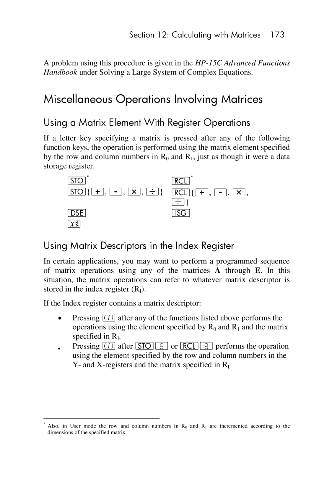 HP 15c Scientific manual Miscellaneous Operations Involving Matrices, Using a Matrix Element With Register Operations 