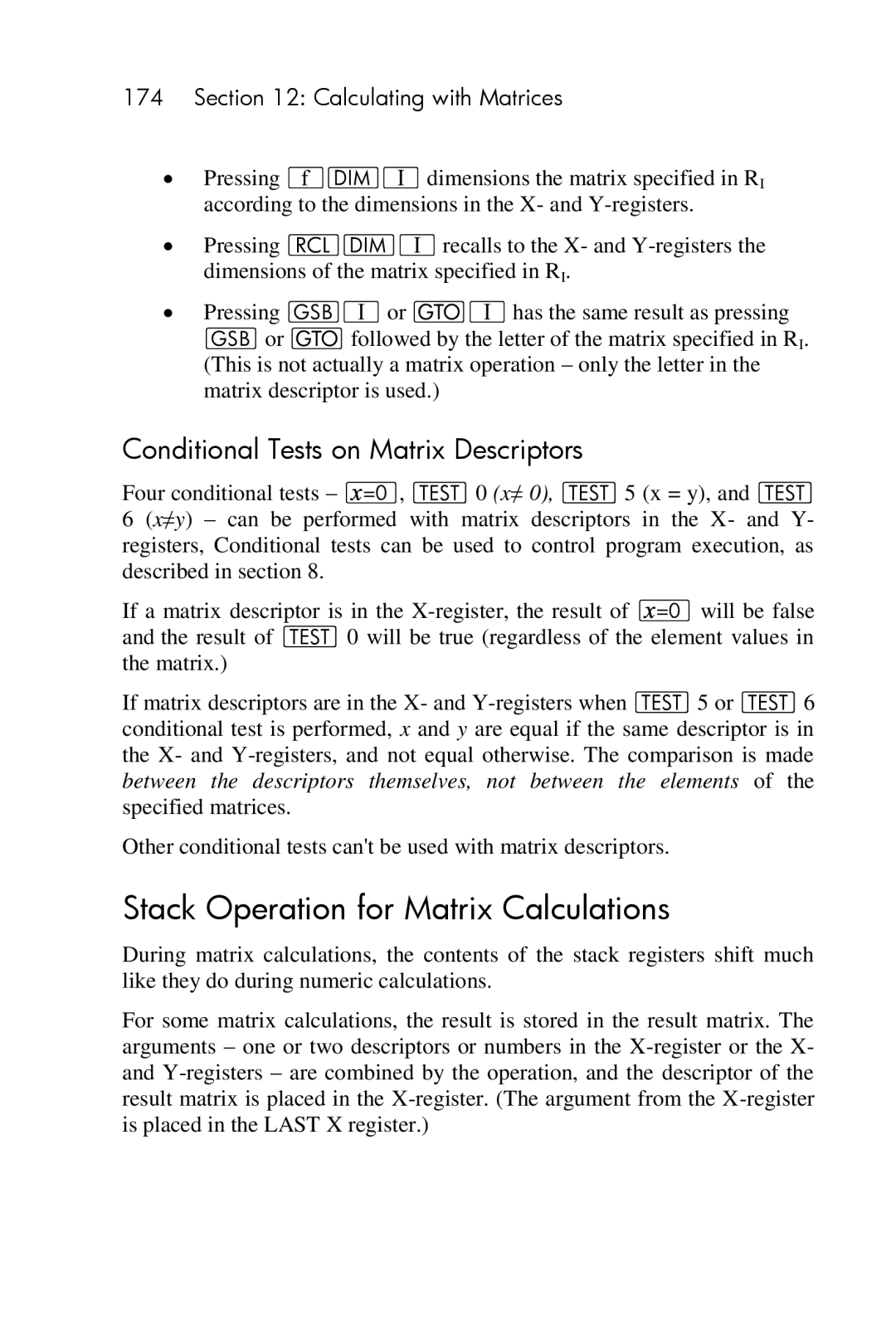 HP 15c Scientific manual Stack Operation for Matrix Calculations, Conditional Tests on Matrix Descriptors 