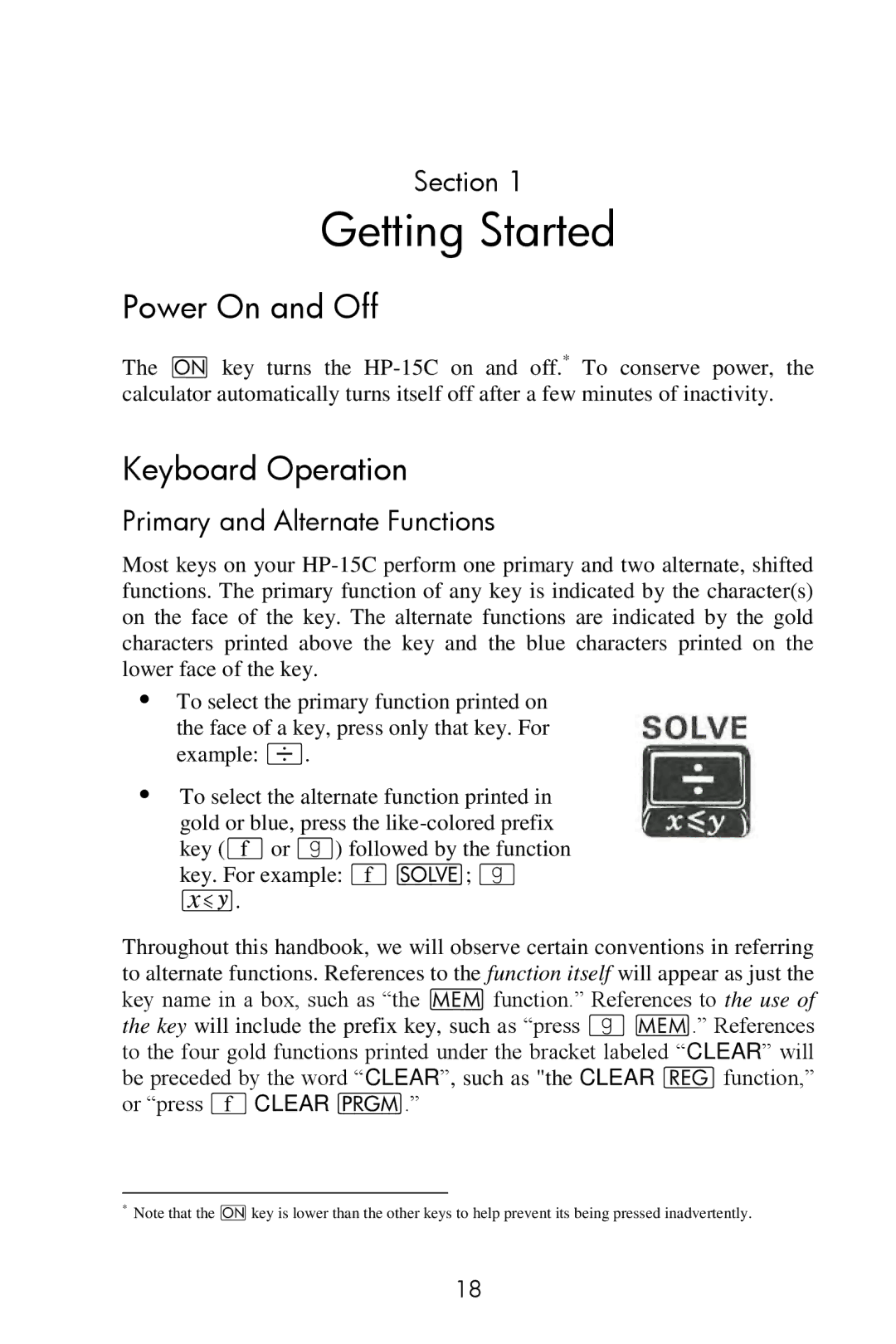 HP 15c Scientific manual Getting Started, Power On and Off, Keyboard Operation, Section, Primary and Alternate Functions 