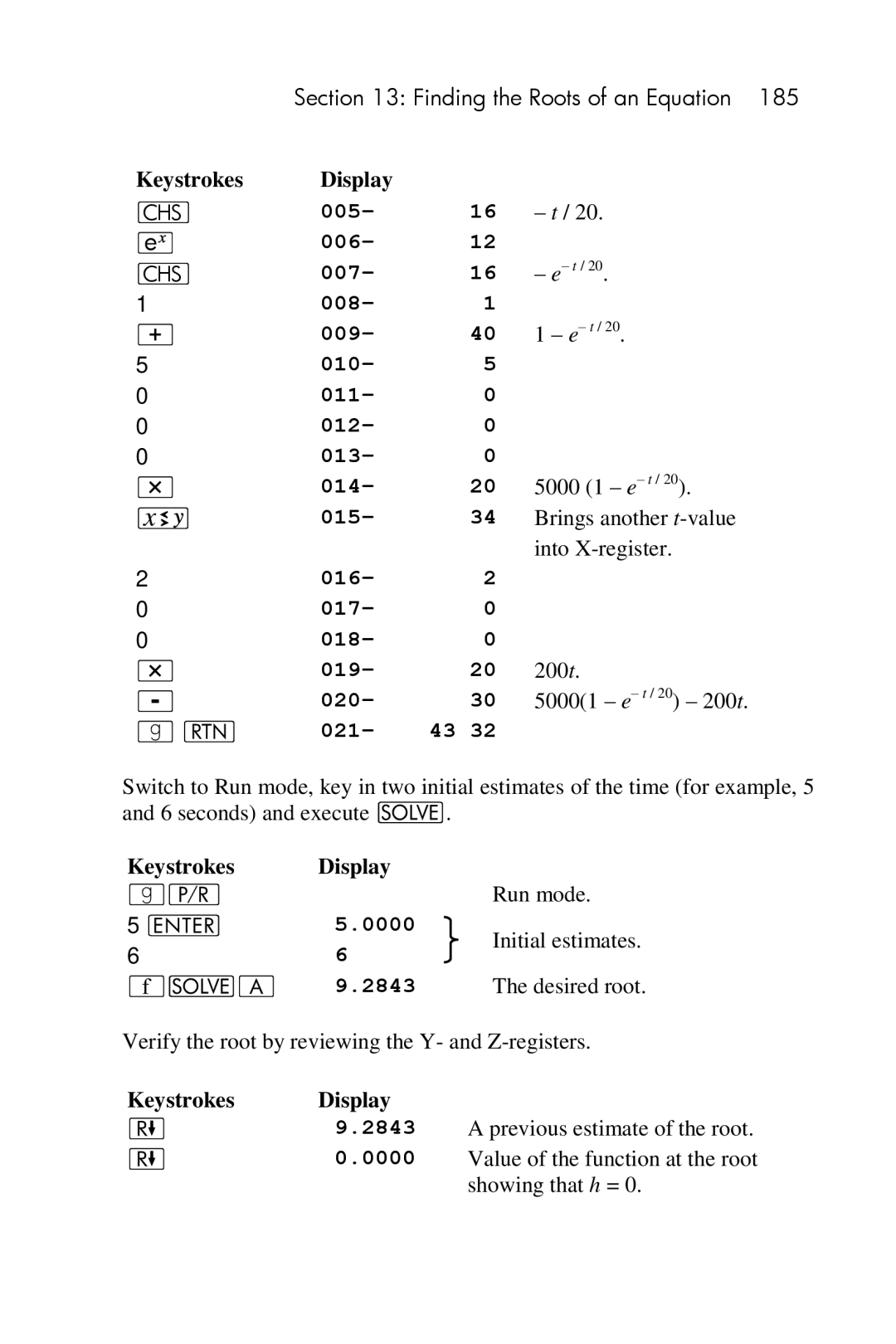 HP 15c Scientific manual 5000 1 e t, Brings another t-value, Into X-register, T / 20 200 t 