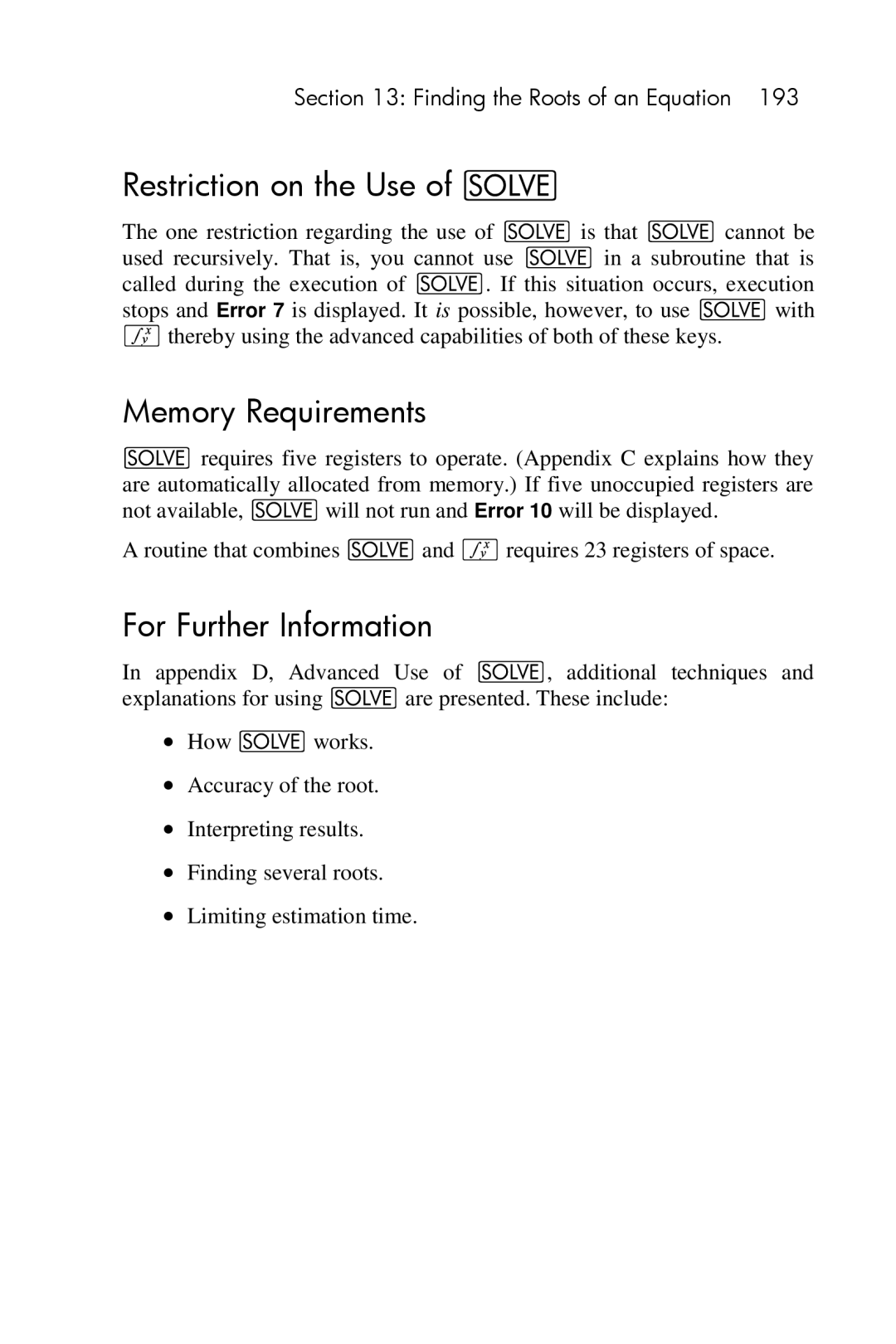 HP 15c Scientific manual Restriction on the Use, Memory Requirements 