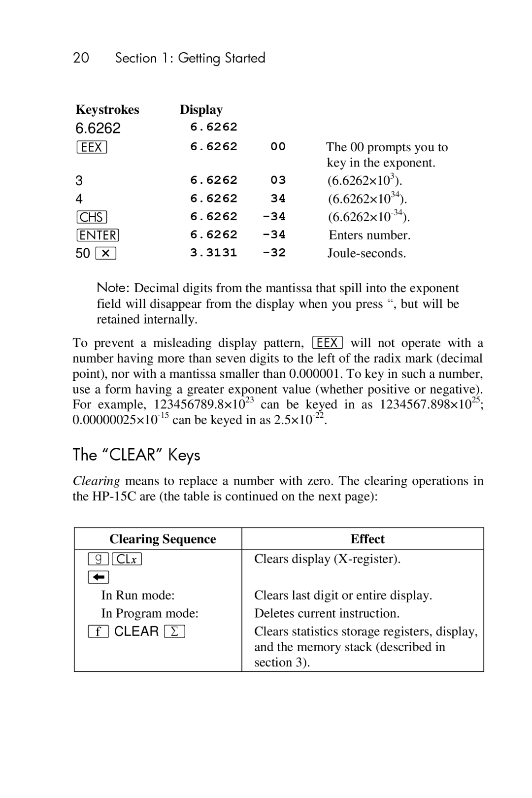 HP 15c Scientific manual Clear Keys 