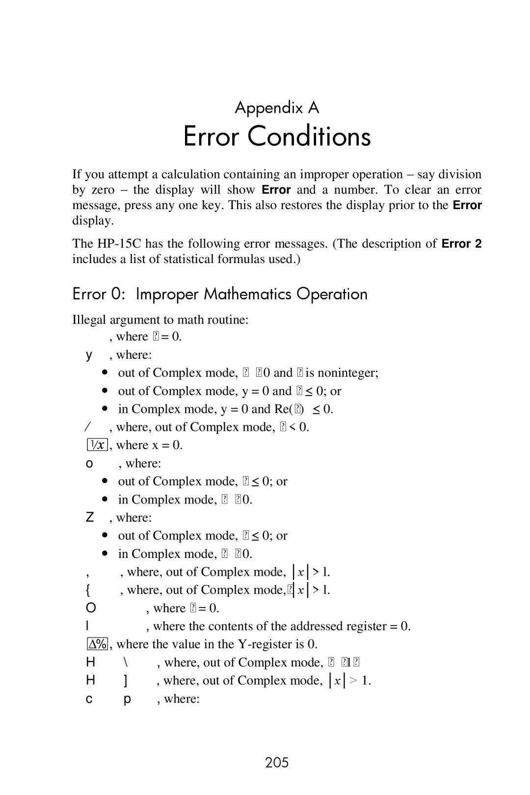 HP 15c Scientific manual Error Conditions, Appendix a, Error 0 Improper Mathematics Operation, 205 