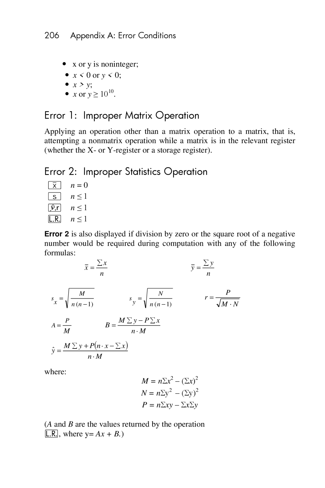 HP 15c Scientific manual Error 1 Improper Matrix Operation, Error 2 Improper Statistics Operation 