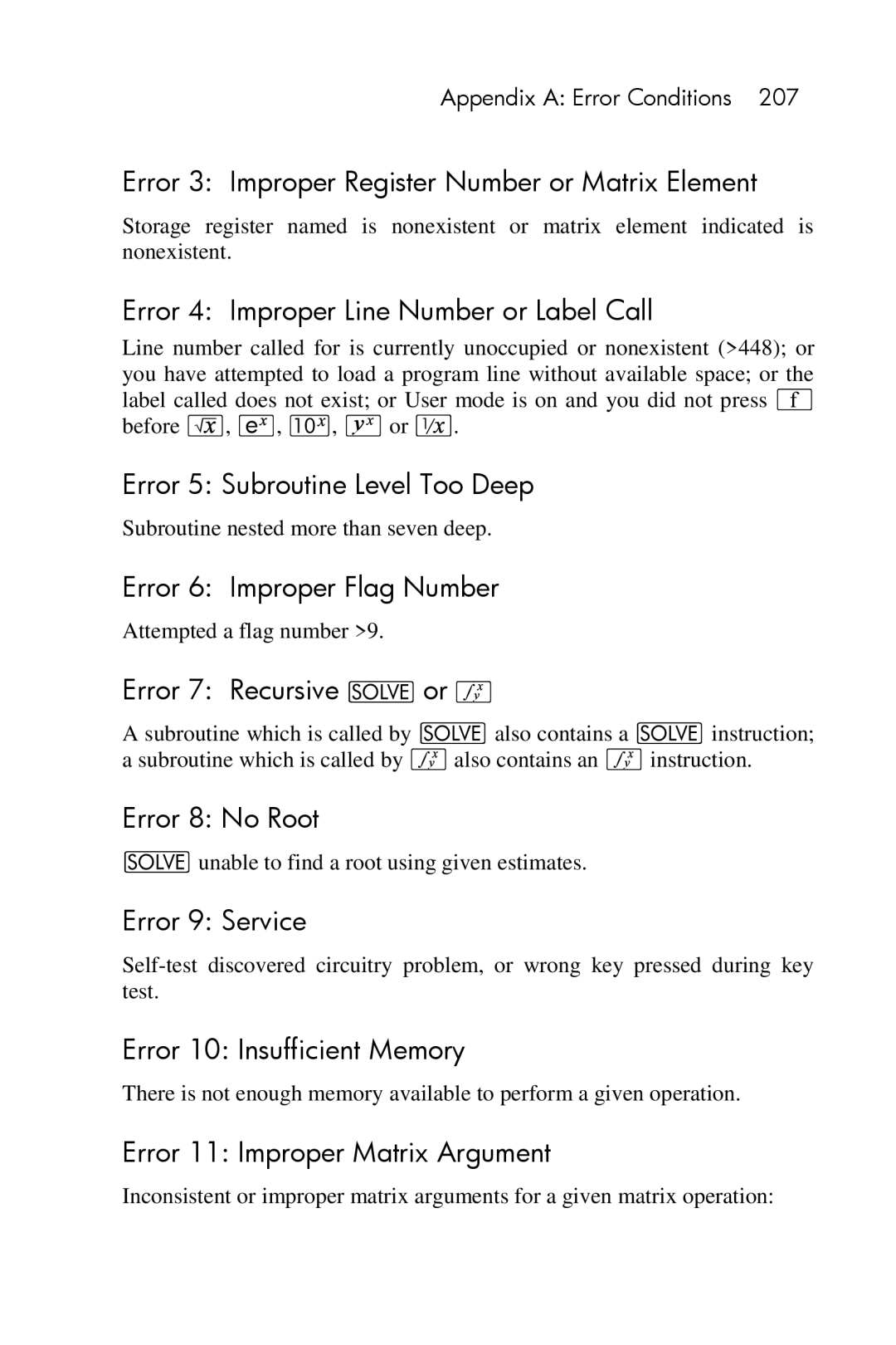 HP 15c Scientific manual Error 3 Improper Register Number or Matrix Element, Error 4 Improper Line Number or Label Call 