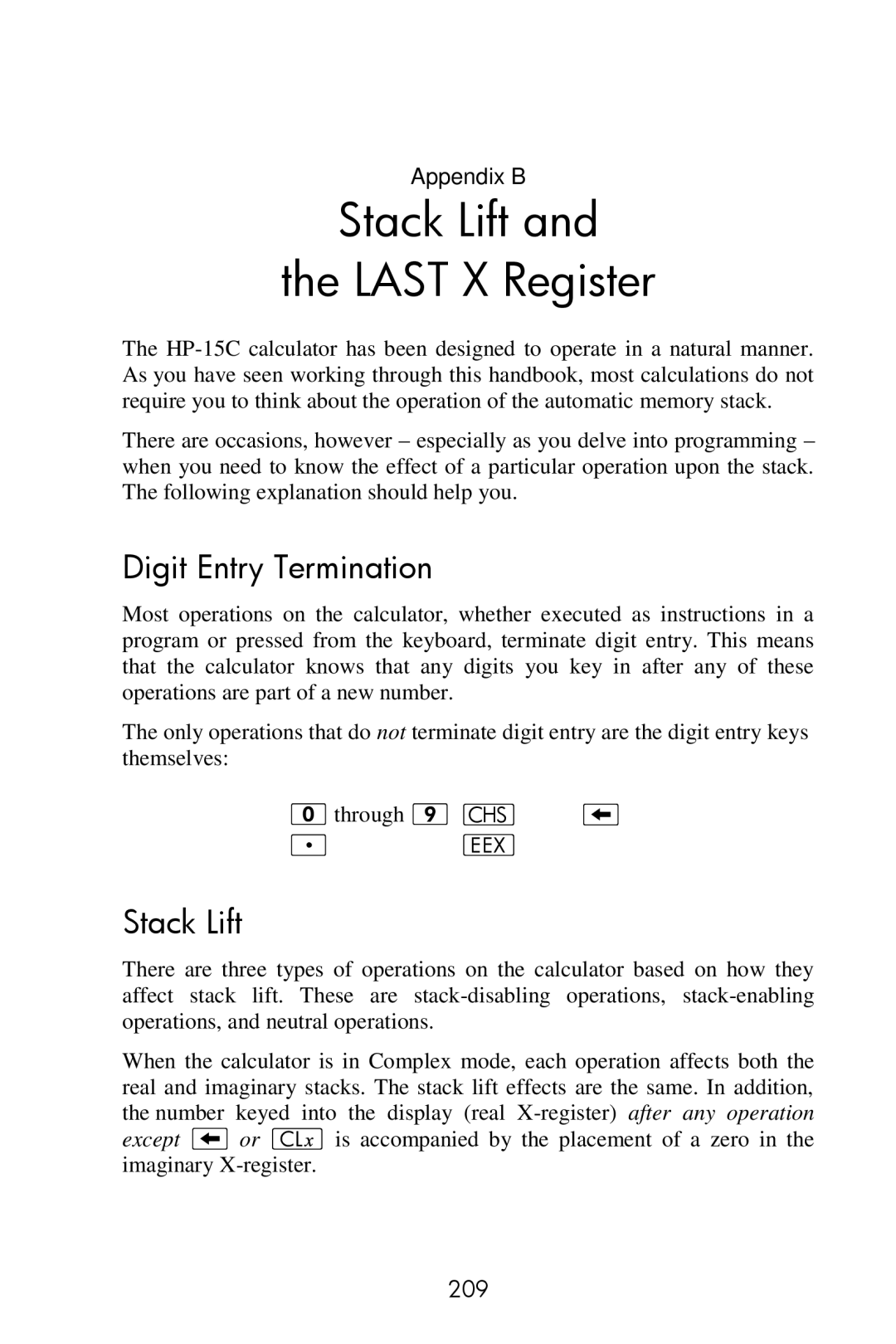 HP 15c Scientific manual Stack Lift Last X Register, Digit Entry Termination, Appendix B, 209 