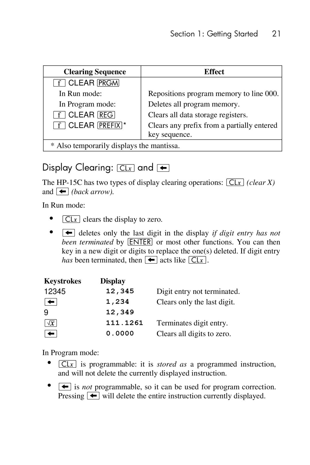 HP 15c Scientific manual Display Clearing ` and, Digit entry not terminated, Clears only the last digit 