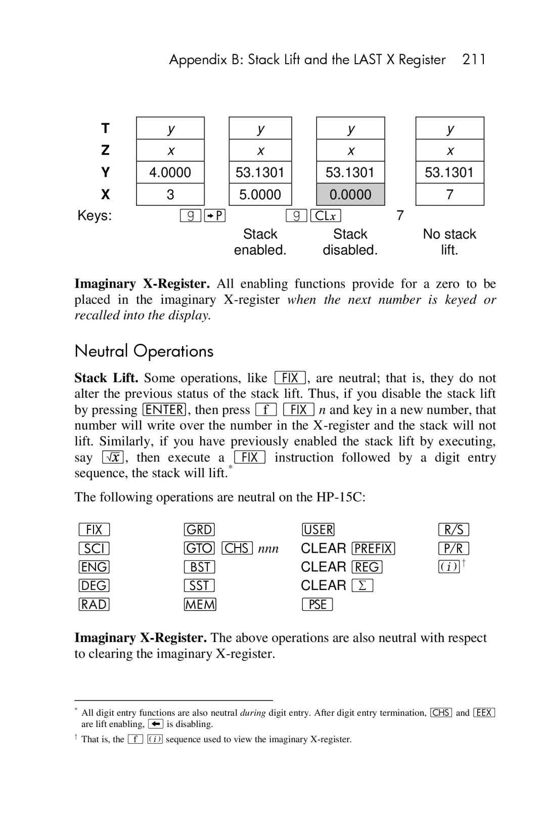 HP 15c Scientific manual Neutral Operations, Appendix B Stack Lift and the Last X Register Keys, Nnn Clear u ¥ 