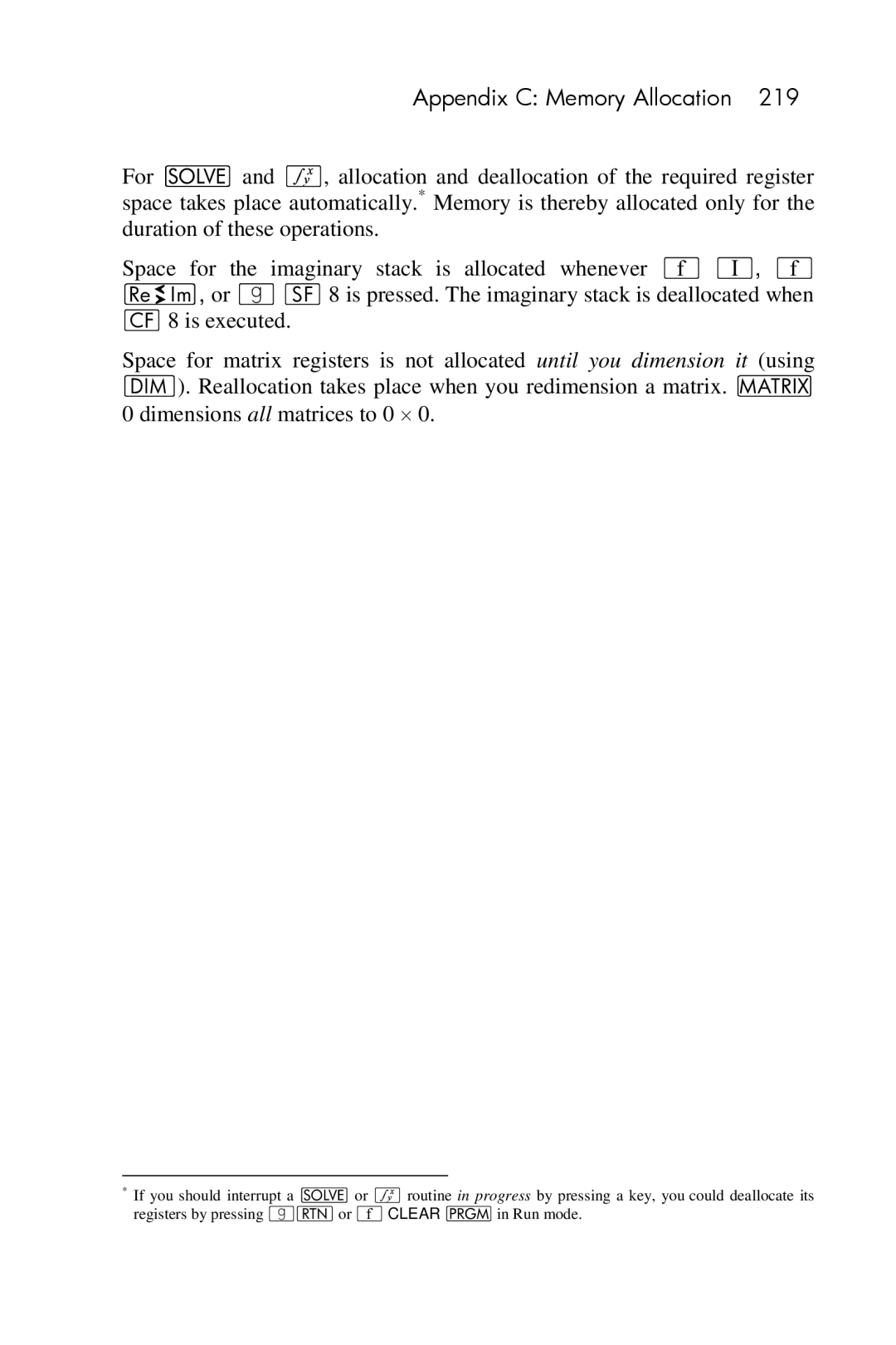 HP 15c Scientific manual Appendix C Memory Allocation 