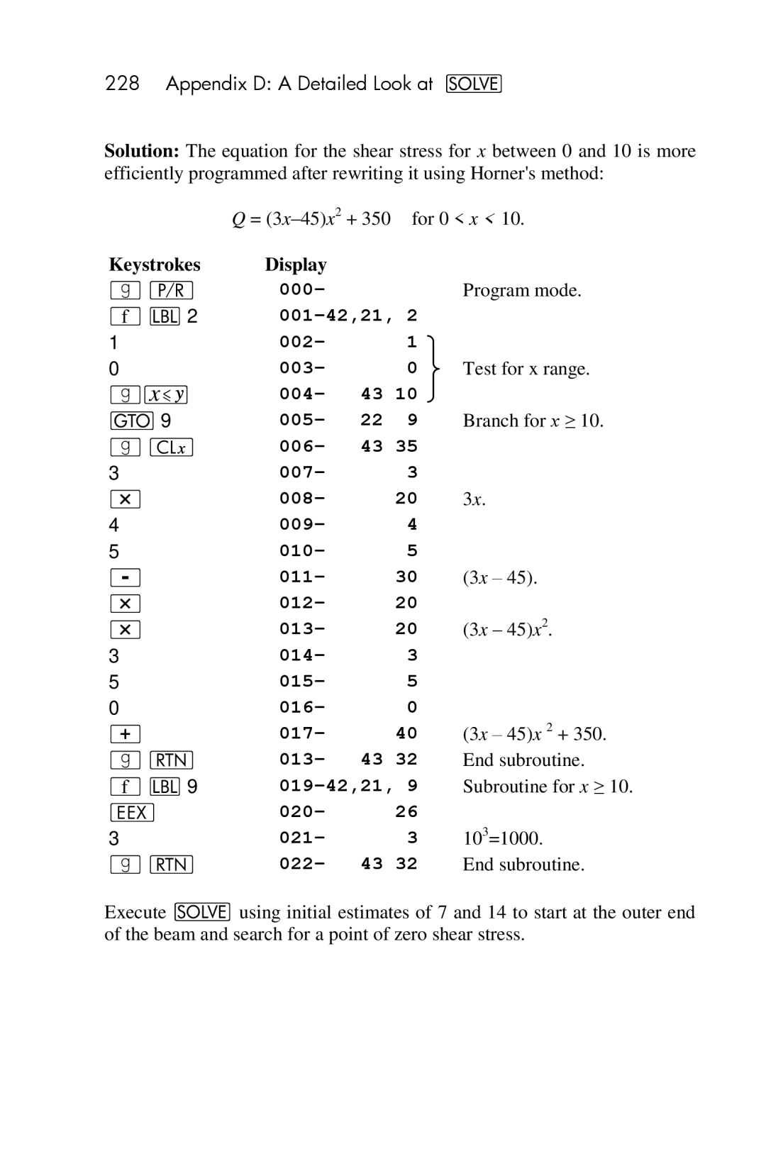 HP 15c Scientific manual Test for x range, Branch for x ≥, 3x 45x 2 +, End subroutine, Subroutine for x ≥, 103=1000 