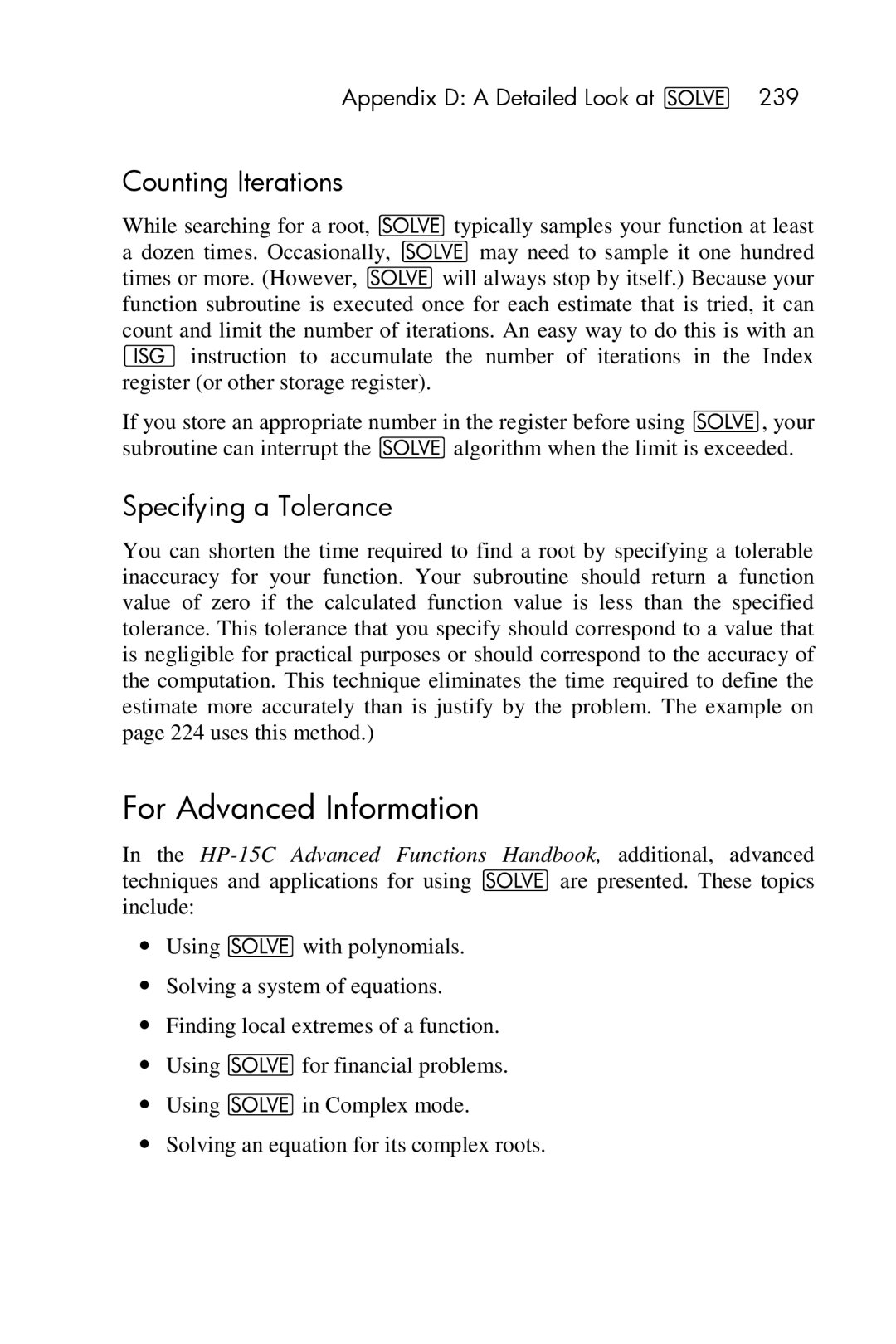 HP 15c Scientific manual For Advanced Information, Counting Iterations, Specifying a Tolerance 