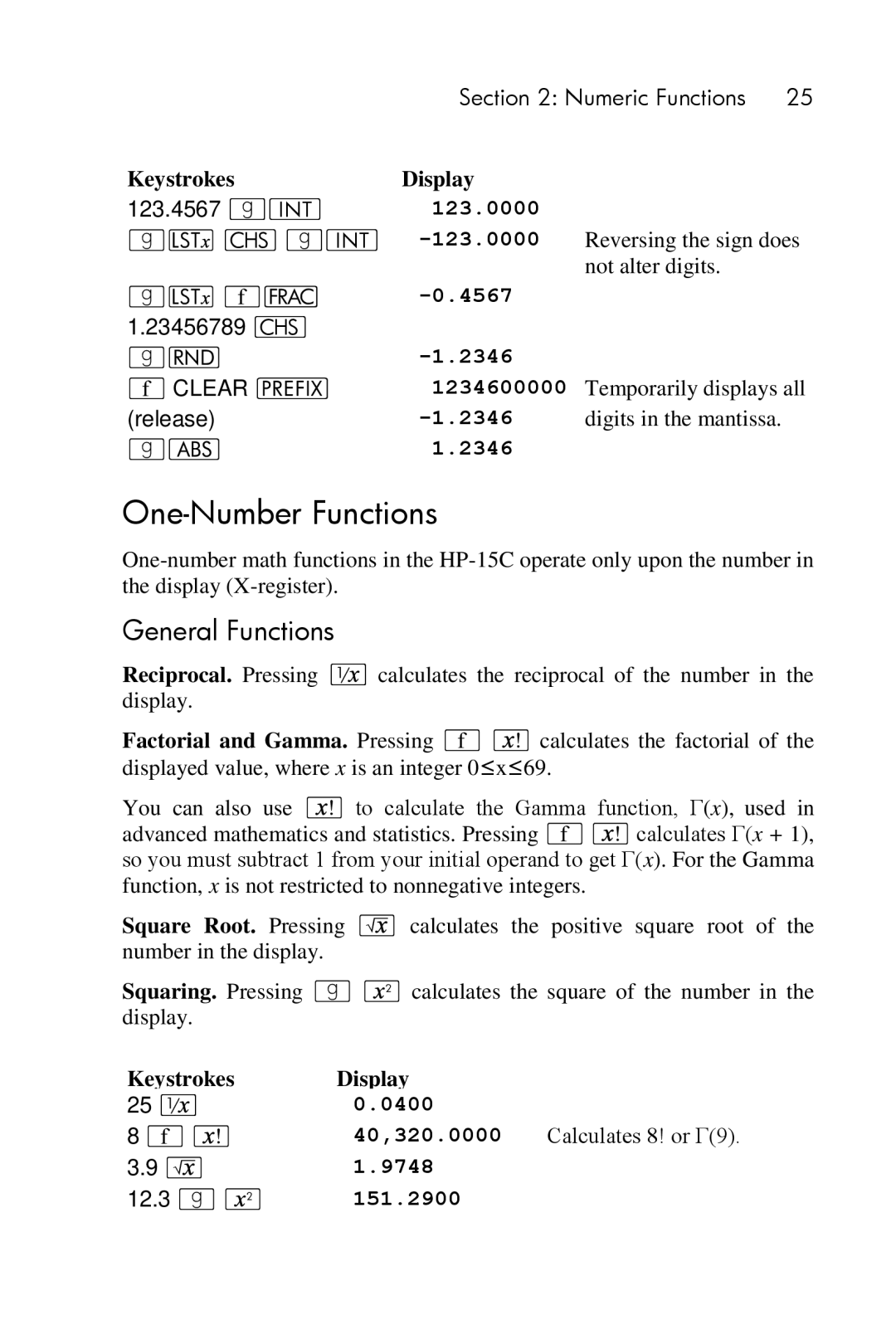 HP 15c Scientific manual One-Number Functions, General Functions 