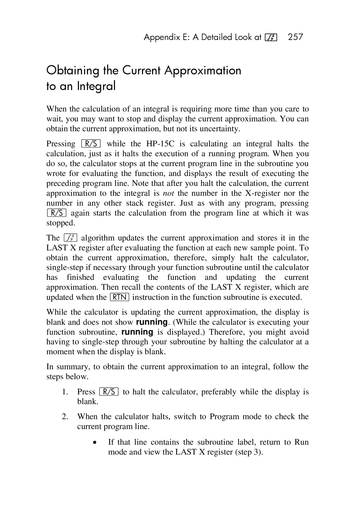 HP 15c Scientific manual Obtaining the Current Approximation to an Integral 