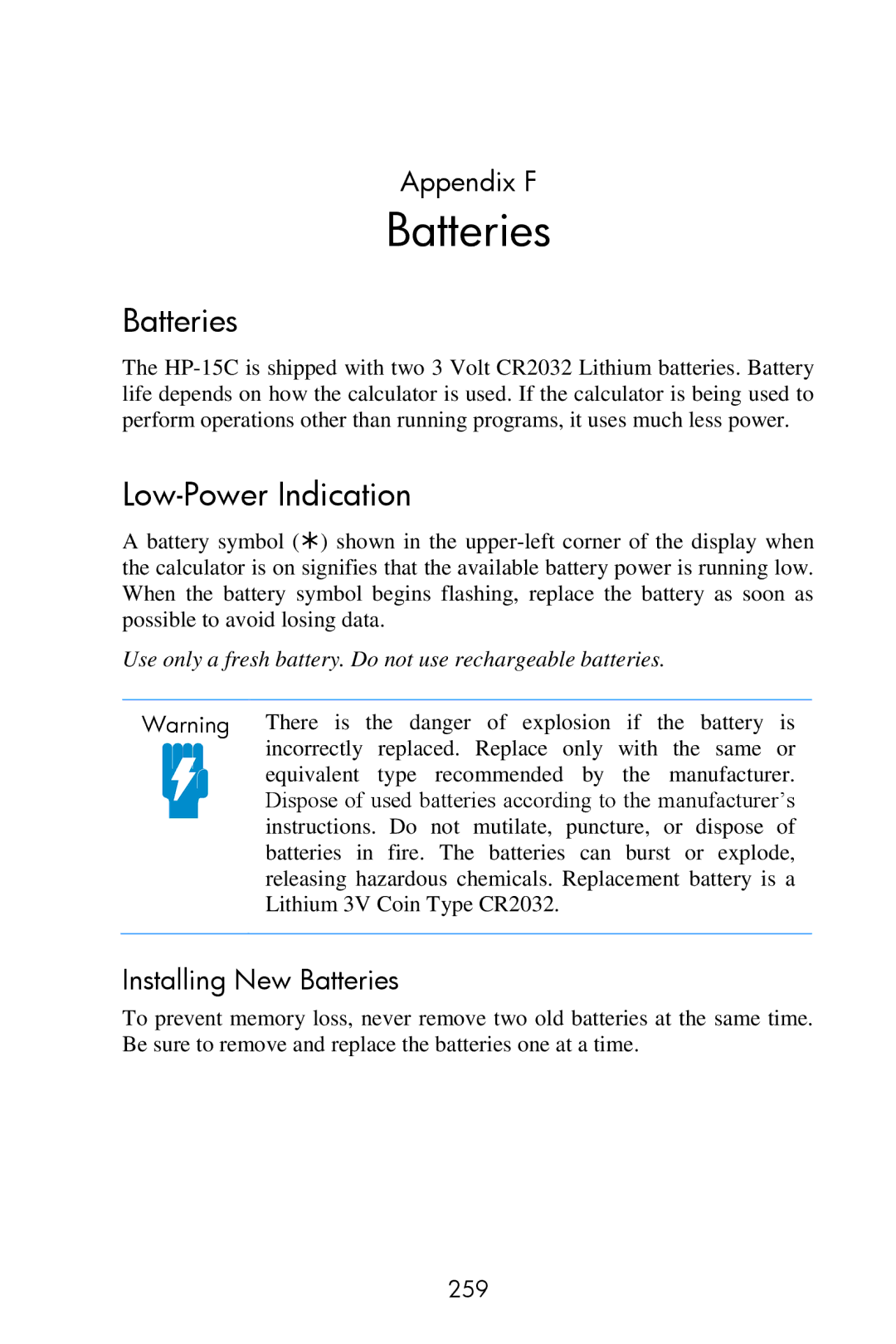 HP 15c Scientific manual Low-Power Indication, Appendix F, Installing New Batteries 